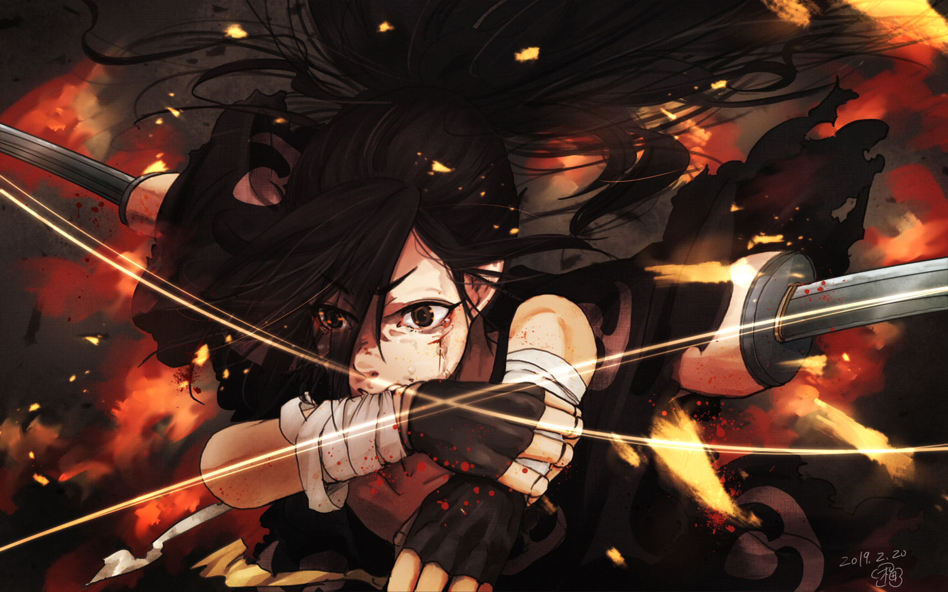 red eyes, anime, Dororo, Hyakkimaru, sword, digital art