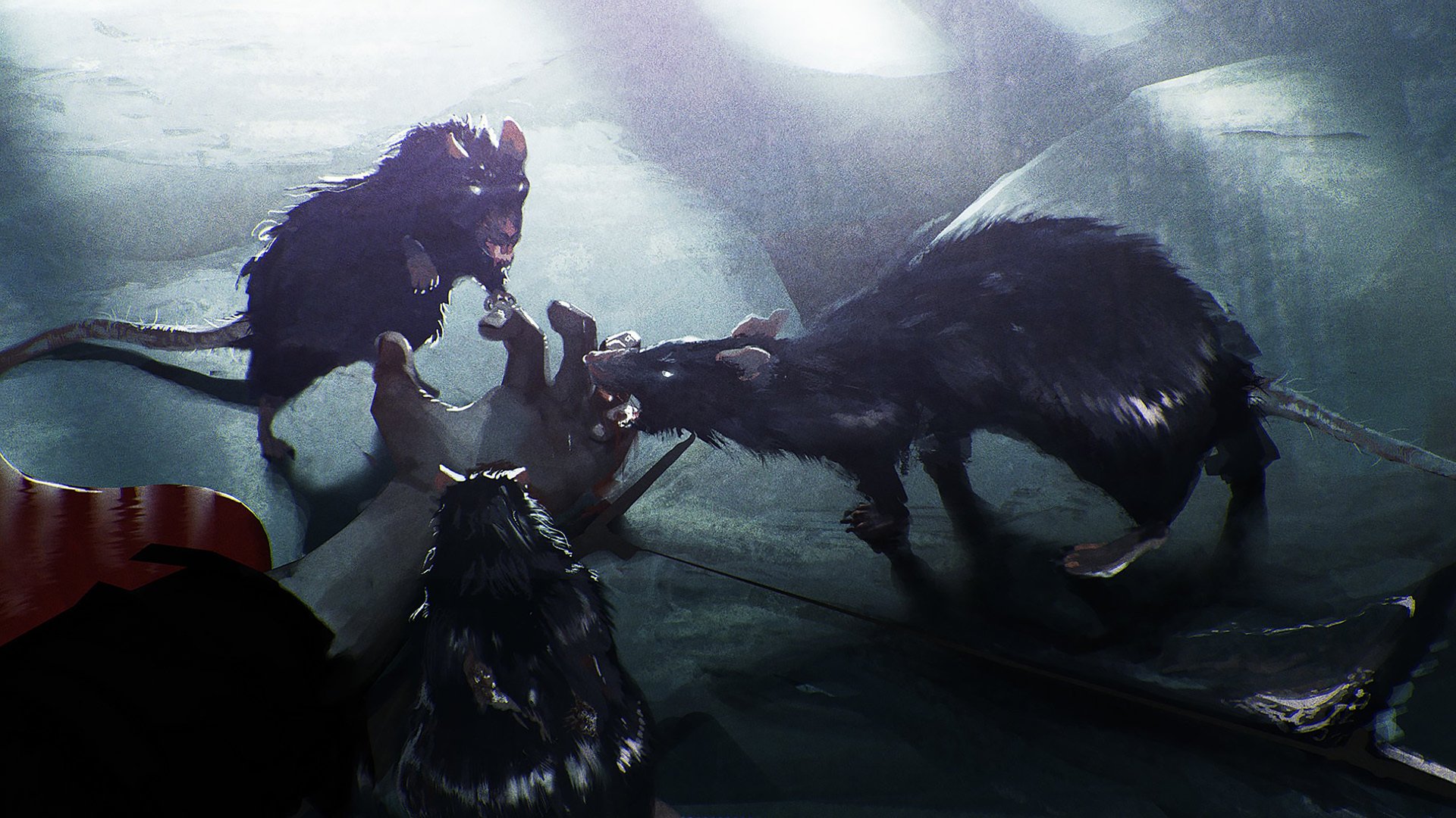 HD desktop wallpaper from A Plague Tale: Innocence featuring an intense scene with ferocious rats.