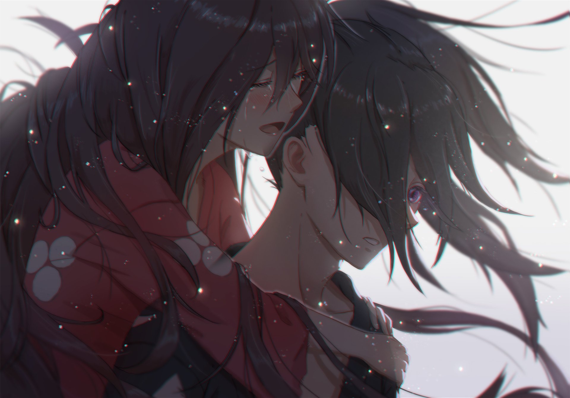A high-definition desktop wallpaper featuring Mio and Hyakkimaru from the anime Dororo. The characters are close, Mio resting her head on Hyakkimaru's shoulder, with soft lighting and gentle sparkles surrounding them.