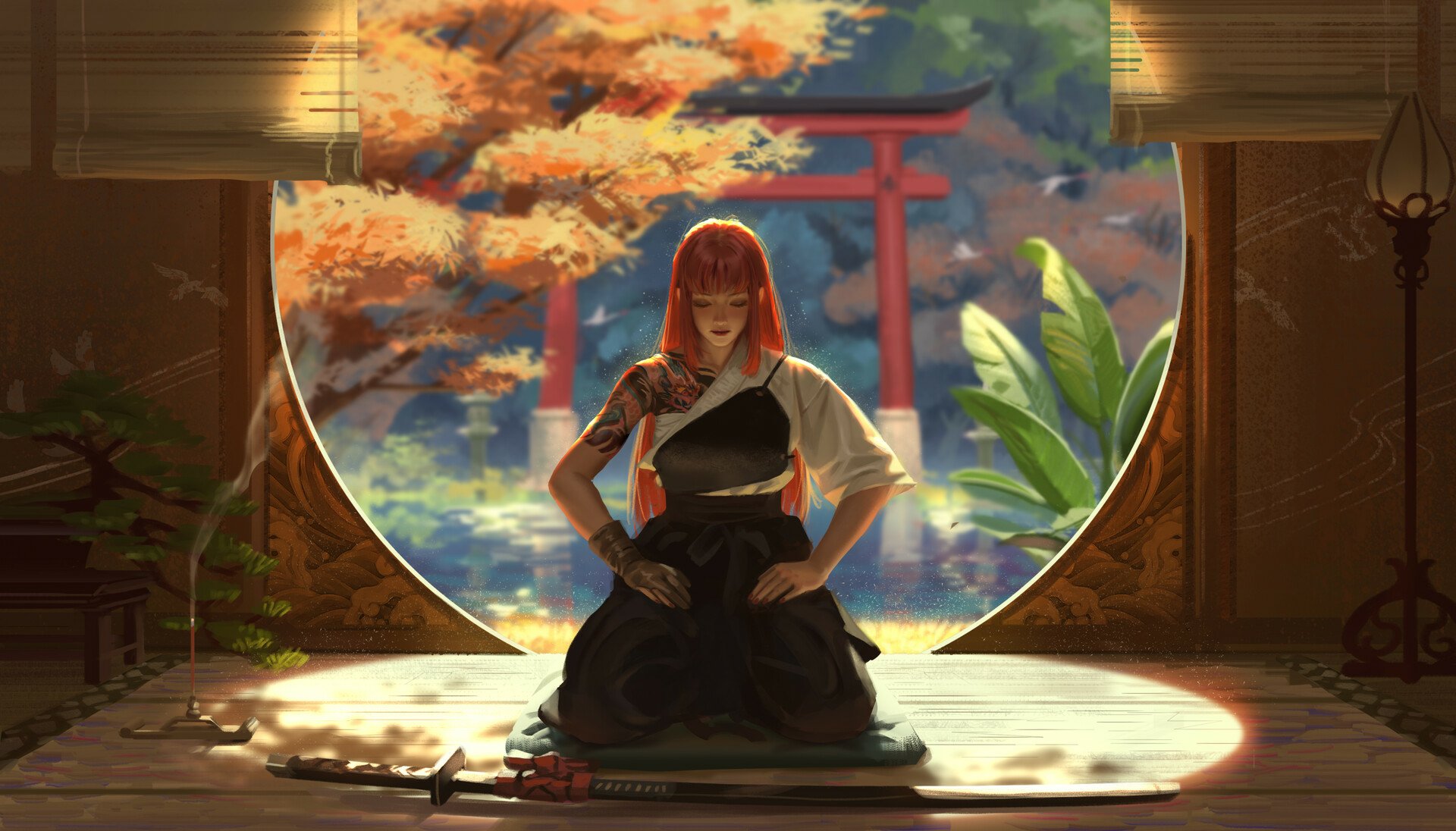 HD wallpaper featuring a fantasy woman warrior with pink hair, oriental attire, and tattoos, holding a sword. She sits peacefully in a traditional room with a circular window revealing a serene garden.