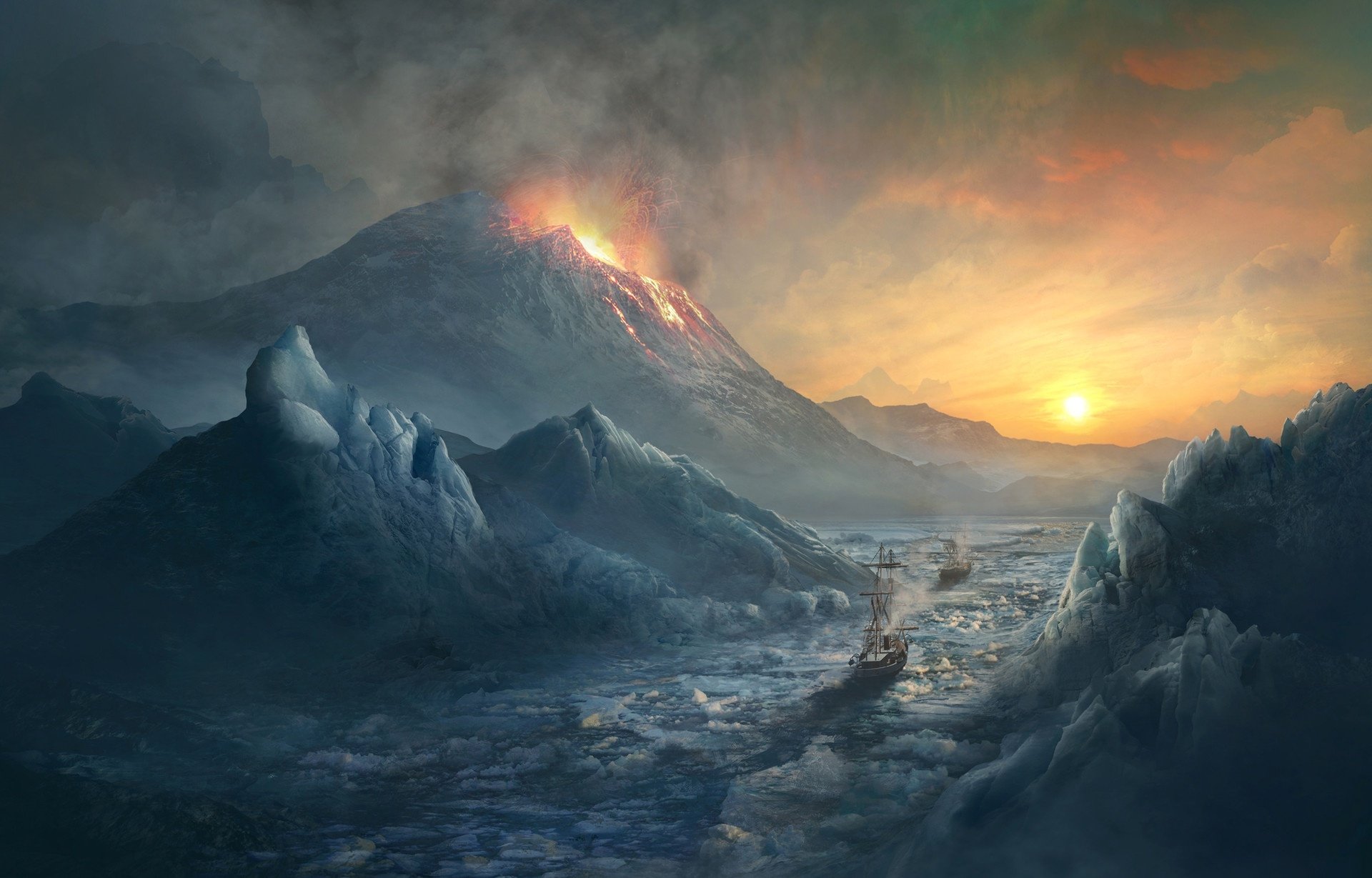 A fantasy HD desktop wallpaper depicting a glowing sunrise behind an erupting volcano, with a ship sailing through a rocky, misty landscape.