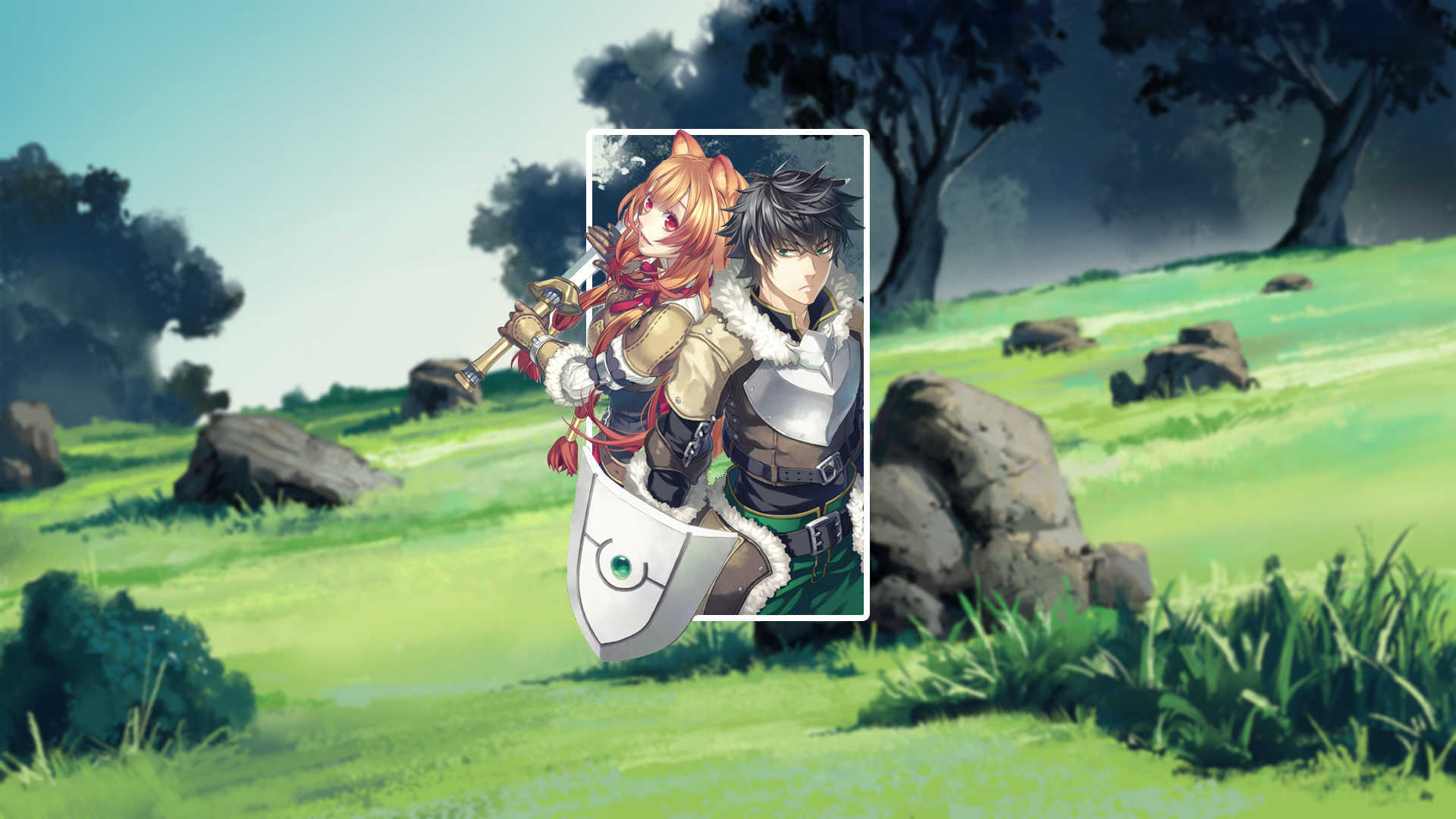 HD desktop wallpaper featuring Raphtalia and Naofumi Iwatani from The Rising of the Shield Hero anime, with Raphtalia wielding a sword and Naofumi holding a shield, set against a lush, green landscape.