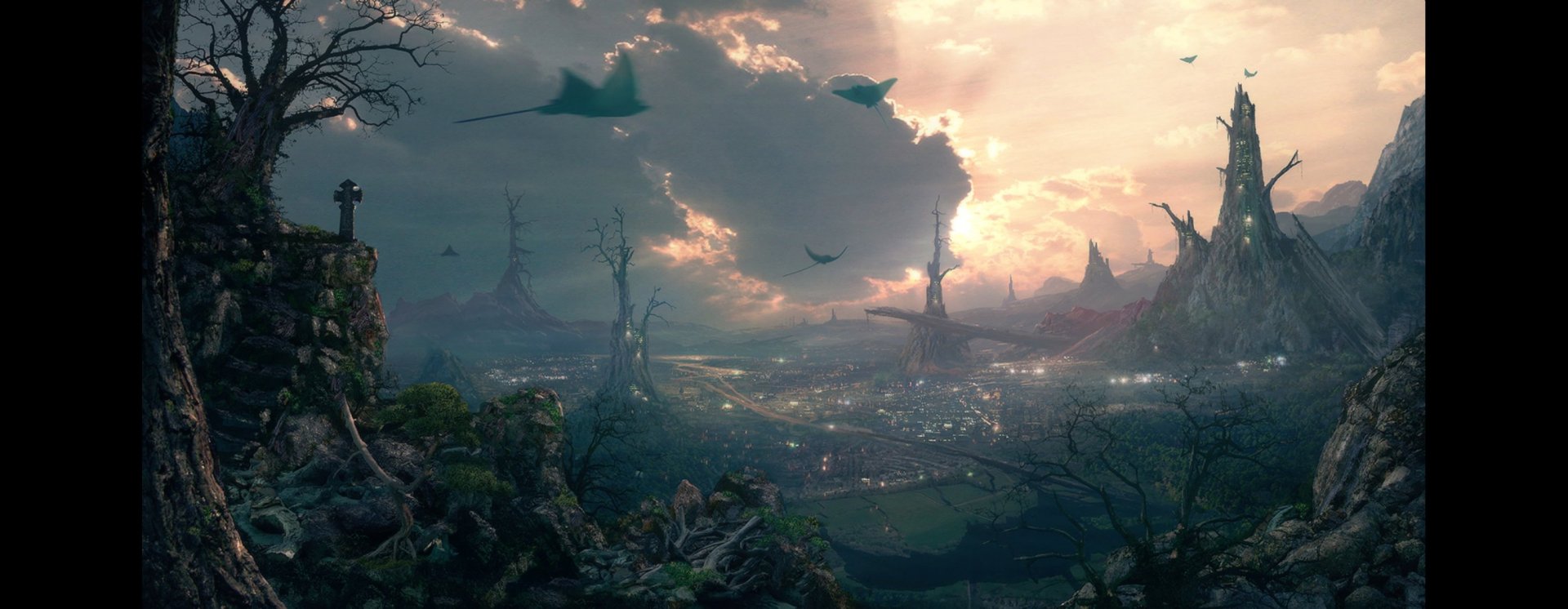 HD desktop wallpaper of a fantasy city landscape at dusk, with towering spires, flying creatures, and a misty, surreal atmosphere.