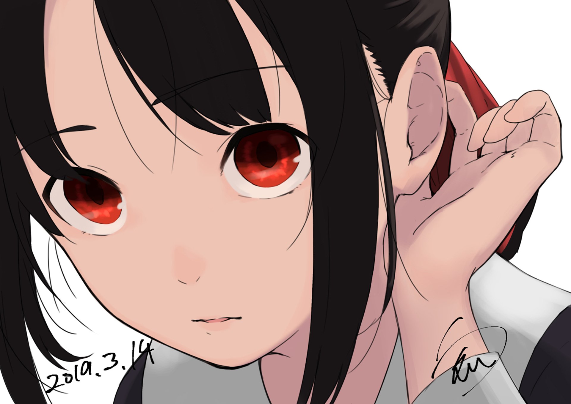 HD PC desktop wallpaper featuring Kaguya Shinomiya from the anime Kaguya-sama: Love is War, showcasing her detailed red eyes and black hair close-up.