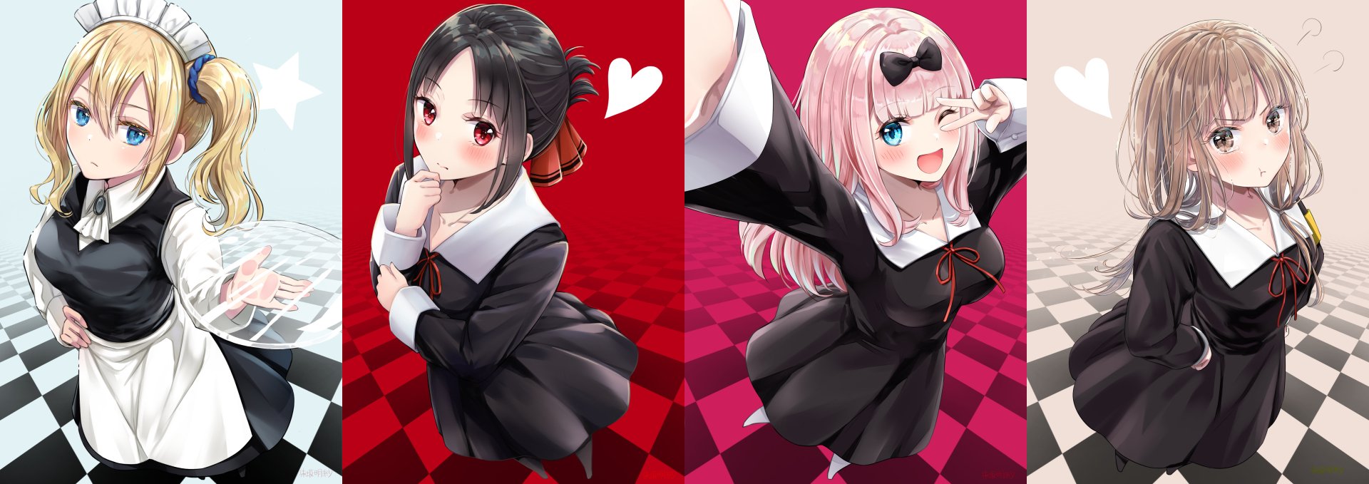 HD desktop wallpaper featuring characters Miko Iino, Ai Hayasaka, Chika Fujiwara, and Kaguya Shinomiya from the anime Kaguya-sama: Love is War, with vibrant backgrounds and stylish poses.