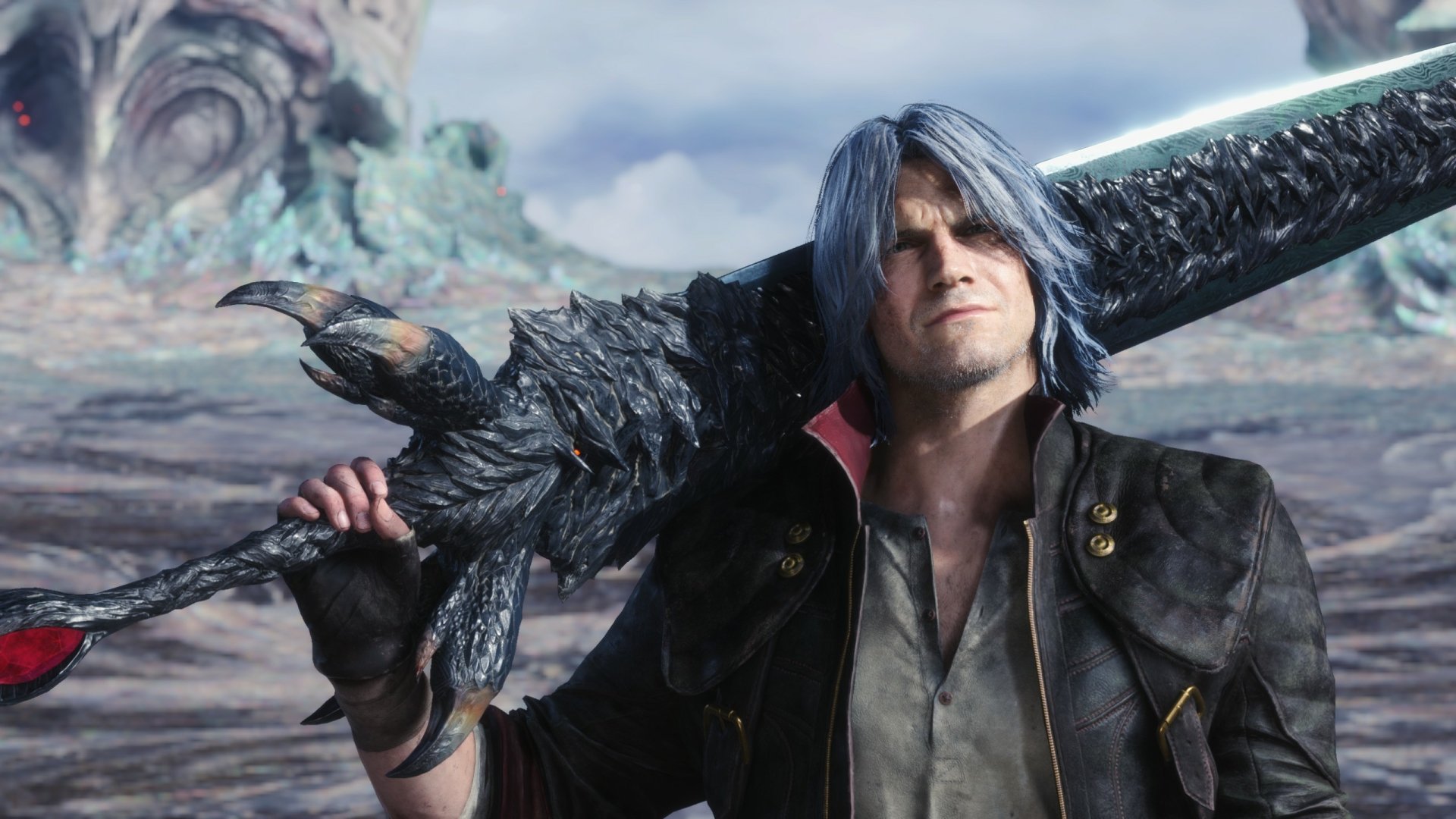 HD PC desktop wallpaper featuring Dante from the video game Devil May Cry 5, showcasing his iconic white hair and confident pose with a large sword.