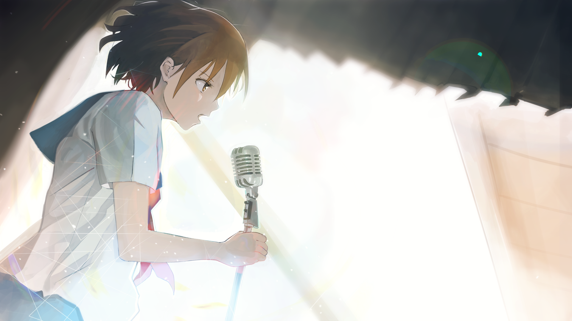 Anime-style character with short brown hair and brown eyes holding a microphone, set against a bright, softly lit background in 4K Ultra HD quality.