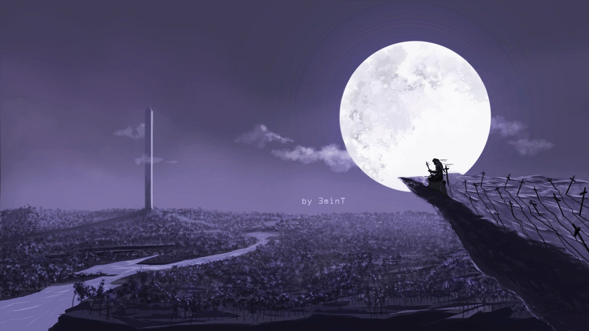 Anime-style HD desktop wallpaper featuring a silhouetted figure with a sword sitting on a cliff, overlooking a sprawling cityscape under a large, glowing full moon.