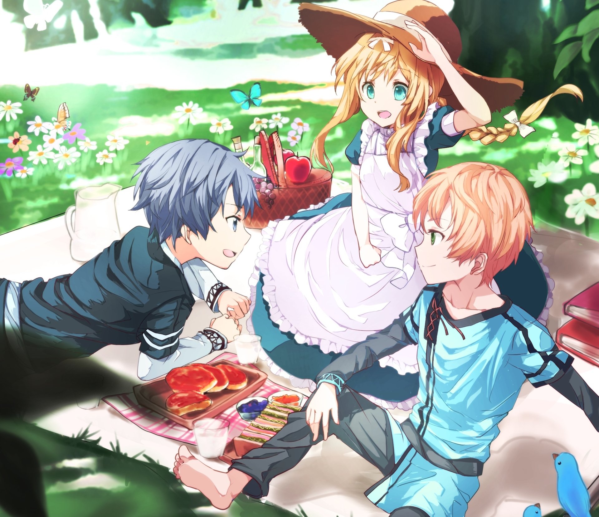 Anime-style HD wallpaper from Sword Art Online: Alicization featuring blonde Alice Zuberg in a dress with Eugeo and Kazuto Kirigaya (Kirito), set in a vibrant picnic scene.