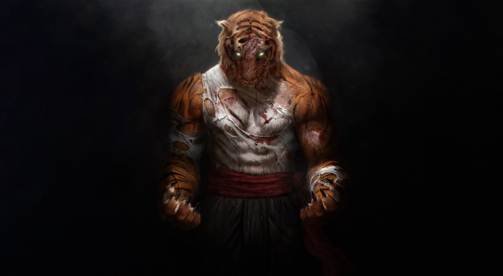A fierce tiger warrior standing proudly, embodying a fantasy world in a high-definition desktop wallpaper.