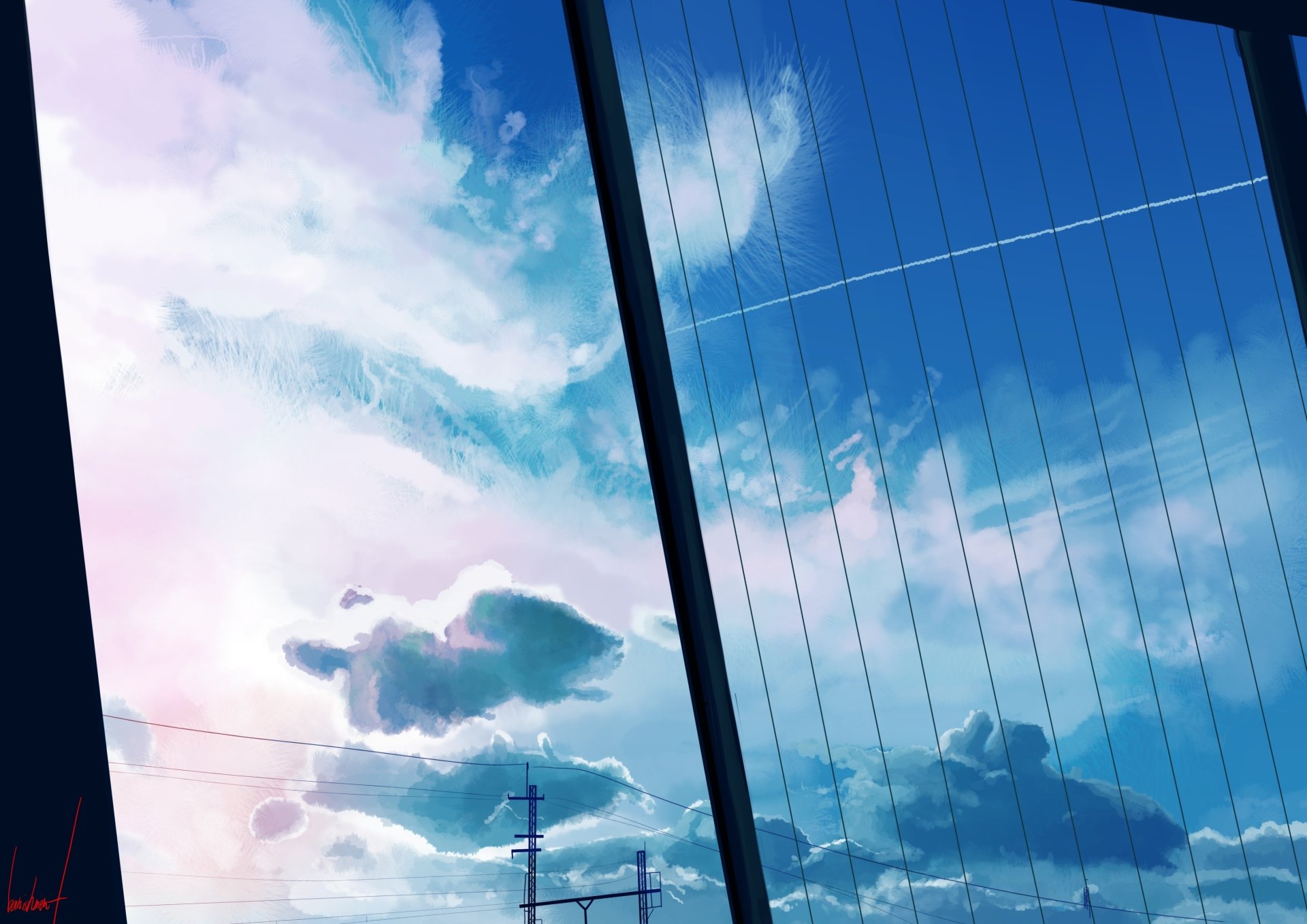 2K Quad HD PC desktop wallpaper: anime sky scene with blue and pastel clouds framed by window panes and faint power lines.