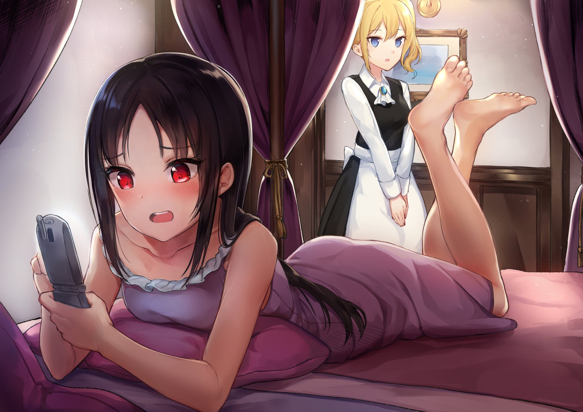 HD wallpaper featuring Kaguya Shinomiya from Kaguya-sama: Love is War. She is lying on her bed, holding a phone, with a concerned expression. Her maid stands in the background, looking concerned.