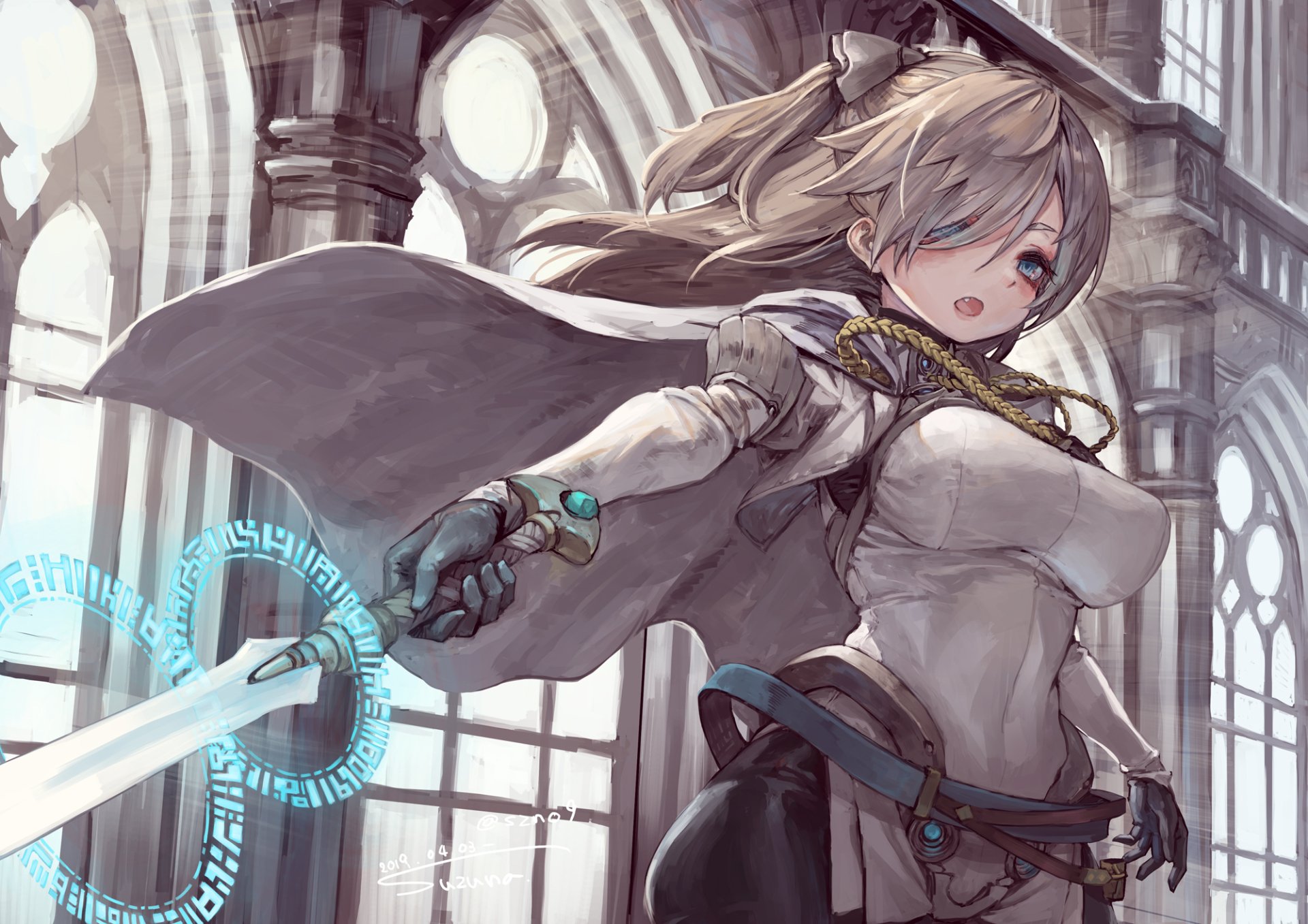 A dynamic anime wallpaper featuring a woman warrior in a striking pose, wielding a sword with confidence, set against an intricately designed architectural background.