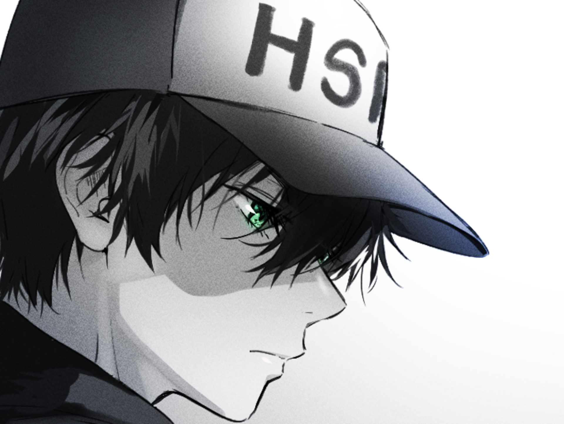 HD PC wallpaper: close-up anime portrait of Hōtarō Oreki (Hyouka) wearing a cap, side profile with a vivid green eye and monochrome shading.