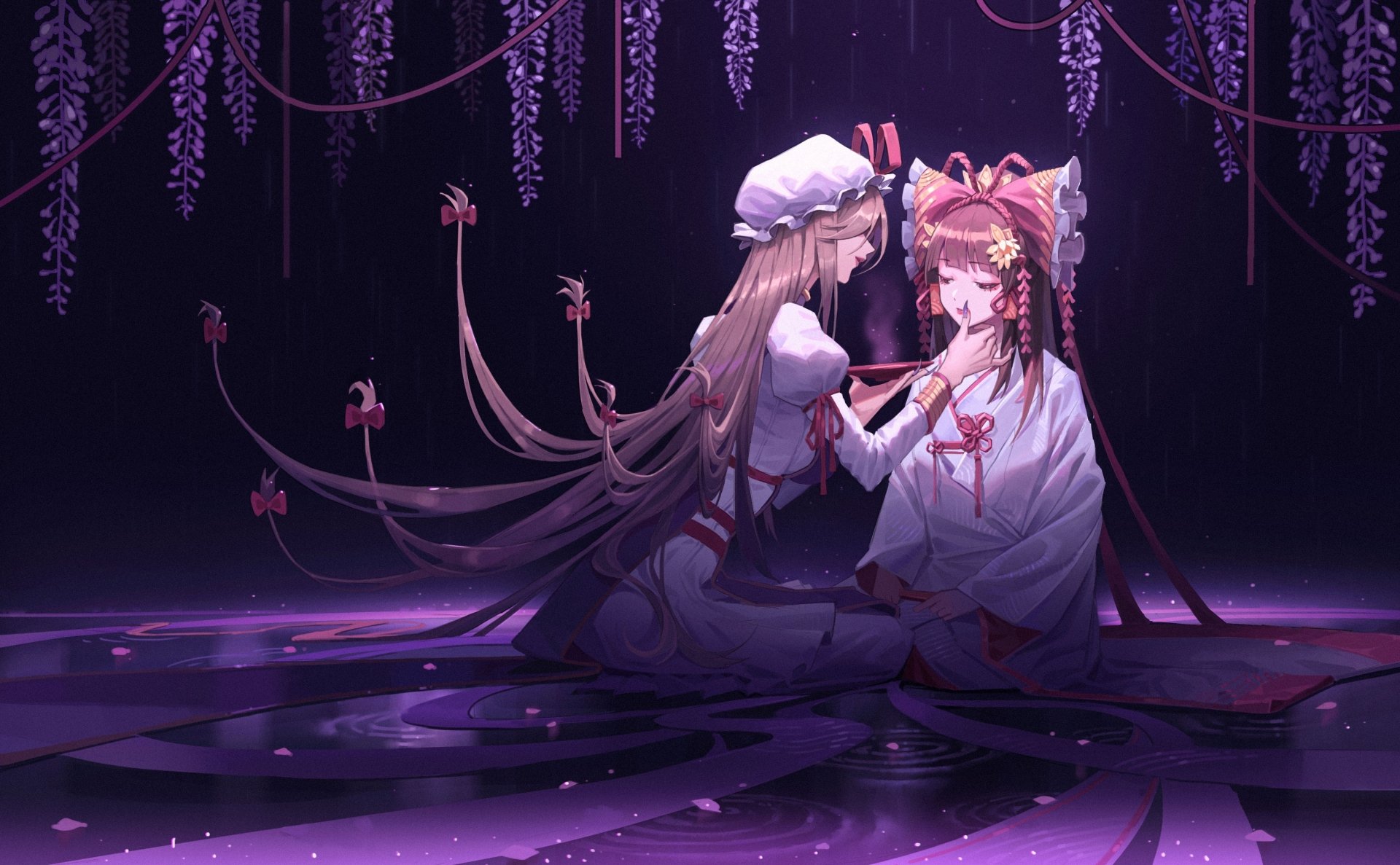 Touhou anime 2K Quad HD PC desktop wallpaper: Reimu Hakurei and Yukari Yakumo seated face-to-face beneath hanging wisteria, bathed in soft purple moonlit shrine ambience.