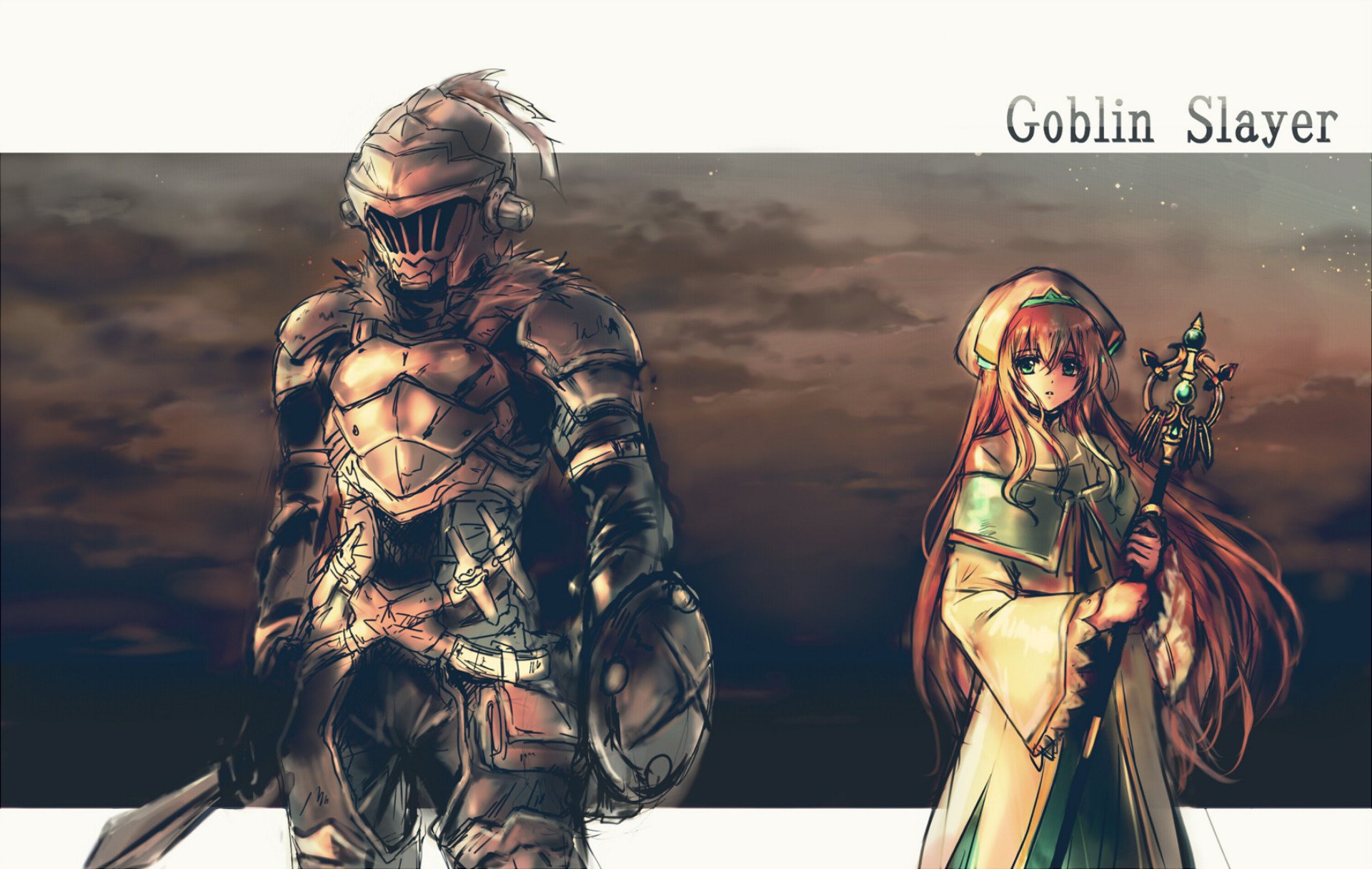 HD PC desktop wallpaper and background: anime Goblin Slayer in full armor with sword and shield beside Priestess (Goblin Slayer) clutching her staff under a brooding sky.