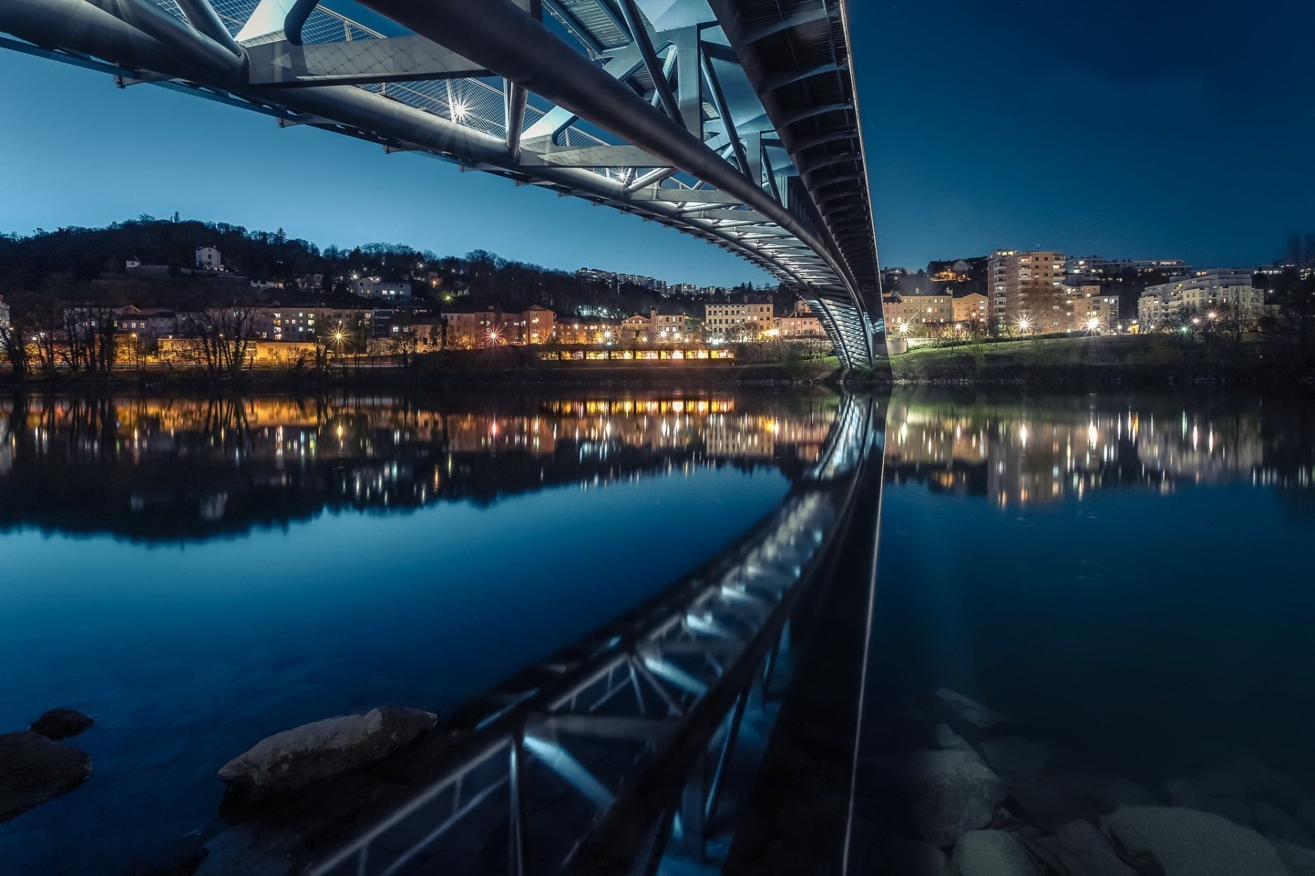 Download France Lyon Water Reflection Night Man Made Bridge HD Wallpaper
