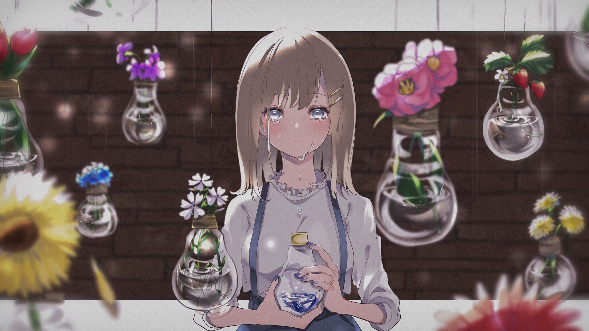 HD desktop wallpaper of an anime girl crying, her eyes filled with tears. She holds a bottle in her hands, surrounded by floating vases with colorful flowers, creating a detailed and emotive background.
