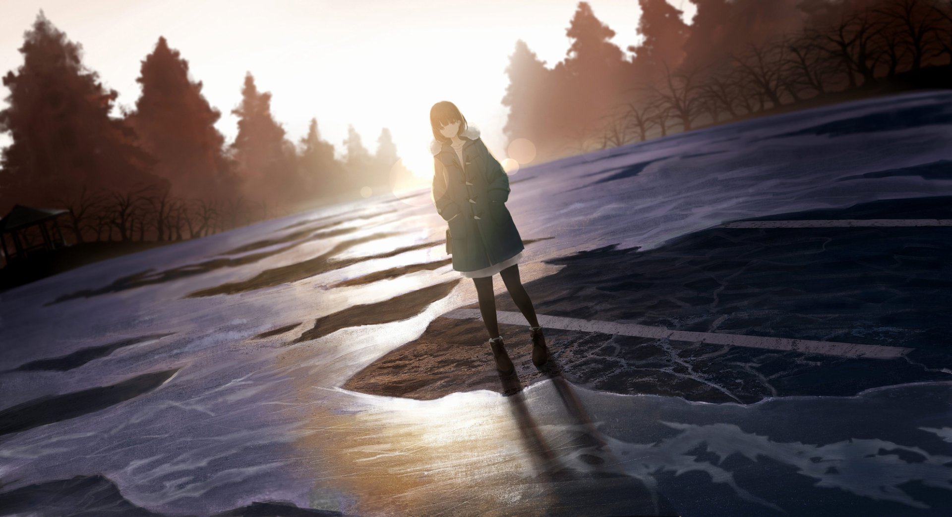 An anime girl stands on a frozen lake during a sunset, with trees silhouetted in the background. The HD wallpaper exudes a serene and contemplative atmosphere.