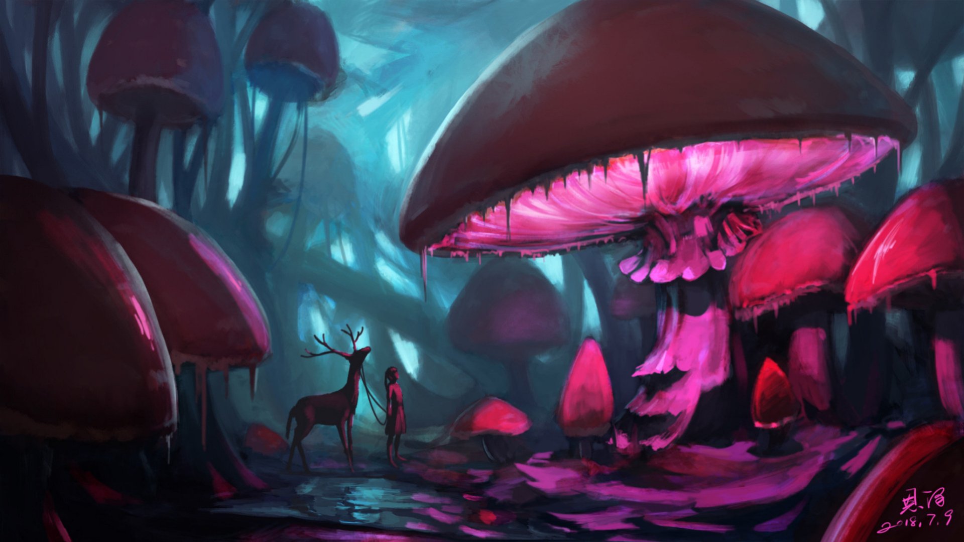 Anime-style original HD desktop wallpaper depicting a mystical forest with glowing giant mushrooms and a deer standing near a small figure in a surreal, vibrant landscape.