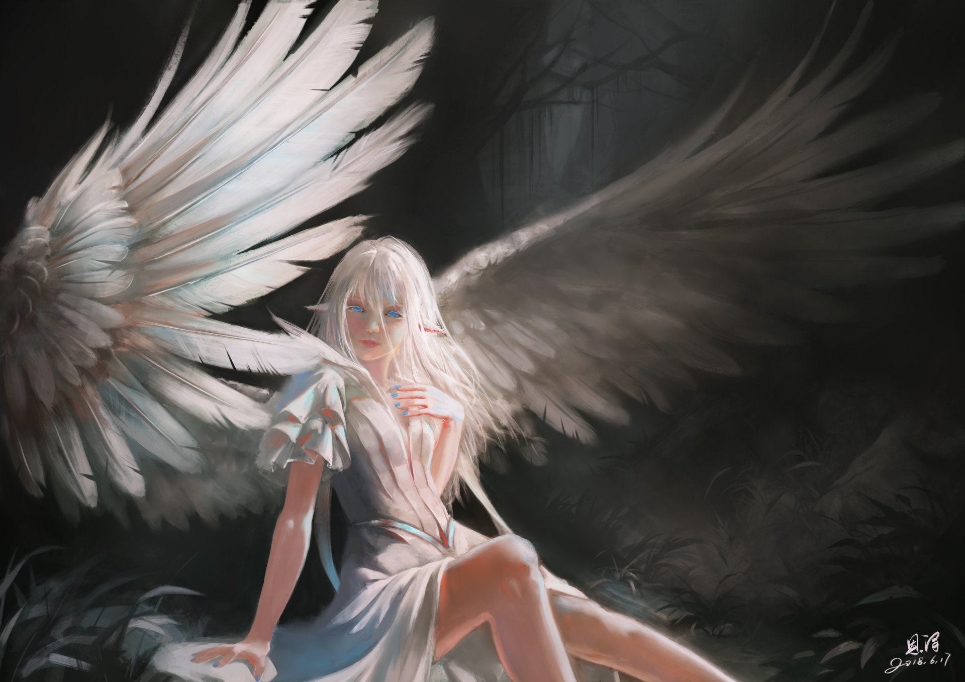 Fantasy-themed 4K Ultra HD desktop wallpaper depicting a white-haired angel with large, detailed wings seated in a dark, mystical forest setting.