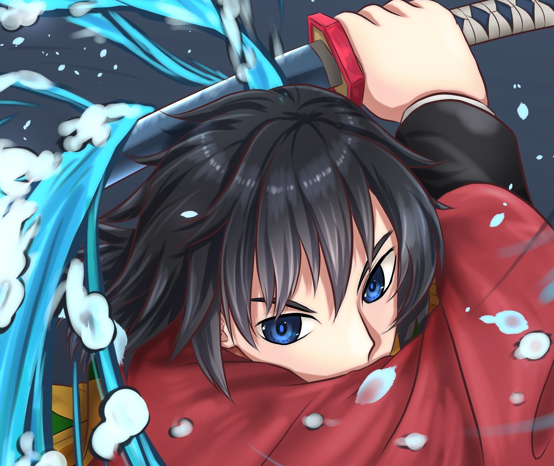 HD PC desktop wallpaper featuring Giyuu Tomioka from the anime Demon Slayer: Kimetsu no Yaiba in a dynamic, water-themed action pose.