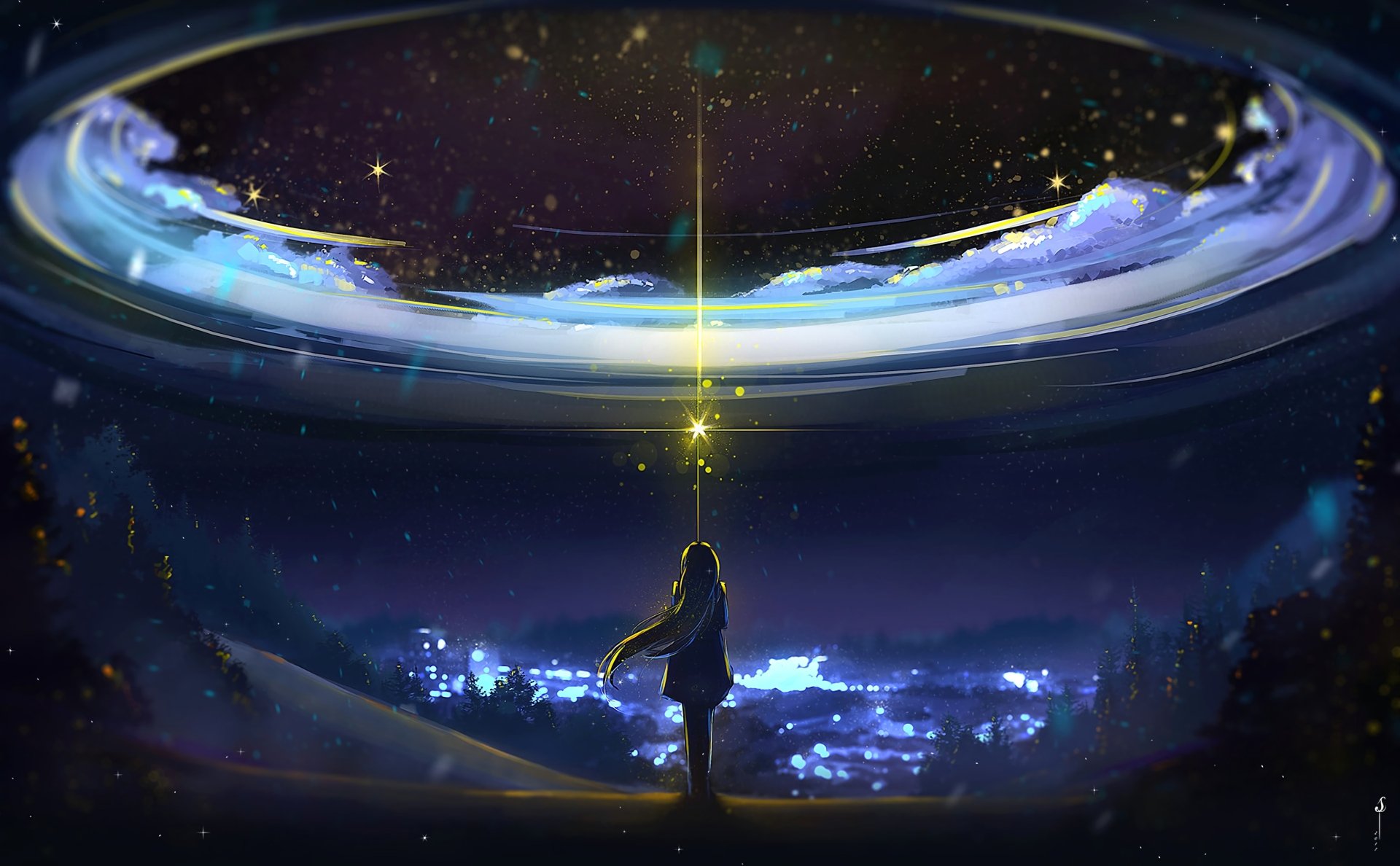 A magical night scene in an anime style, featuring a character reaching out to a glowing light under a starry sky. This HD desktop wallpaper exudes a sense of wonder and enchantment.
