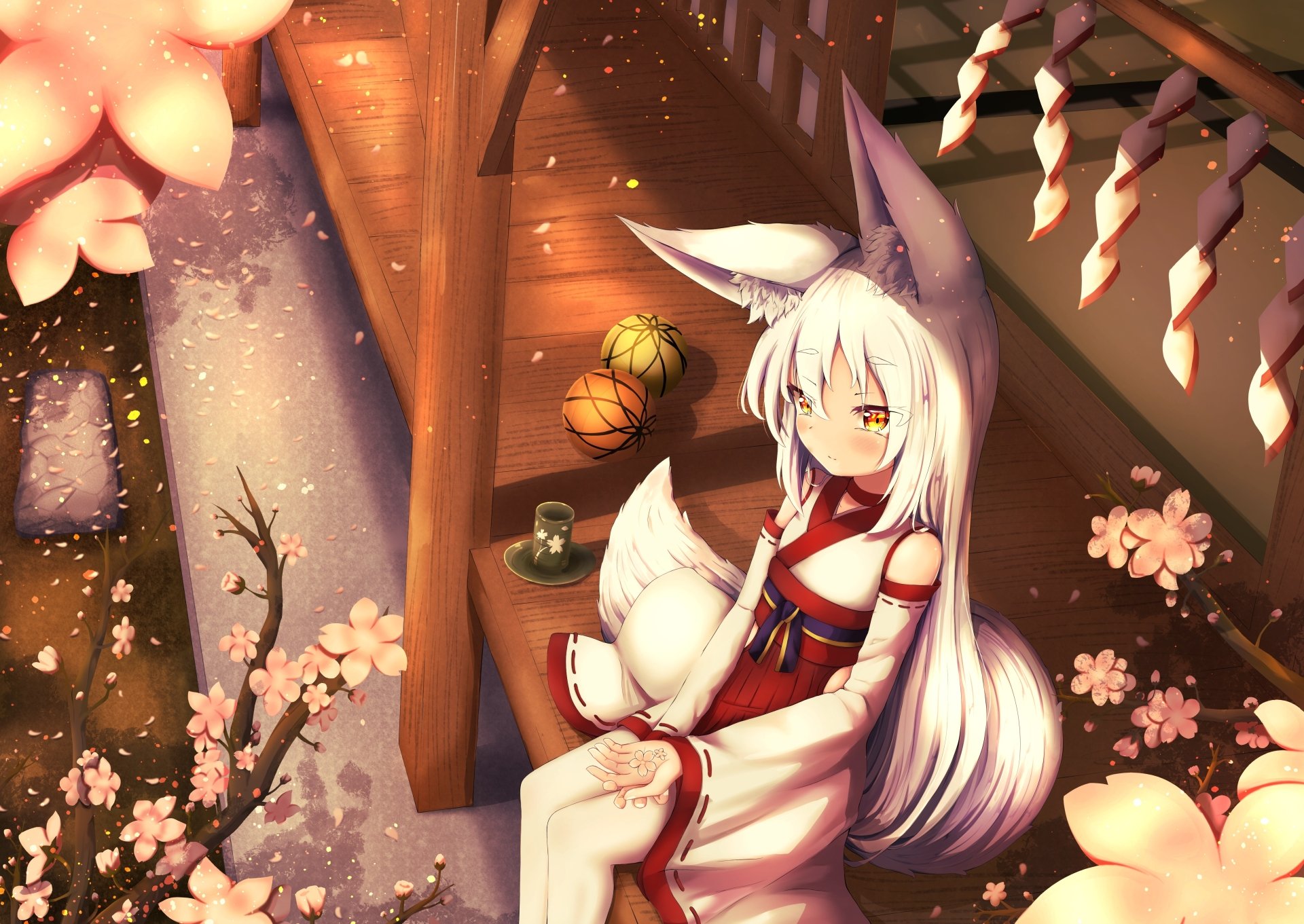 HD desktop wallpaper featuring an original anime character with long white hair and fox ears, sitting by a wooden structure surrounded by cherry blossoms at dusk.