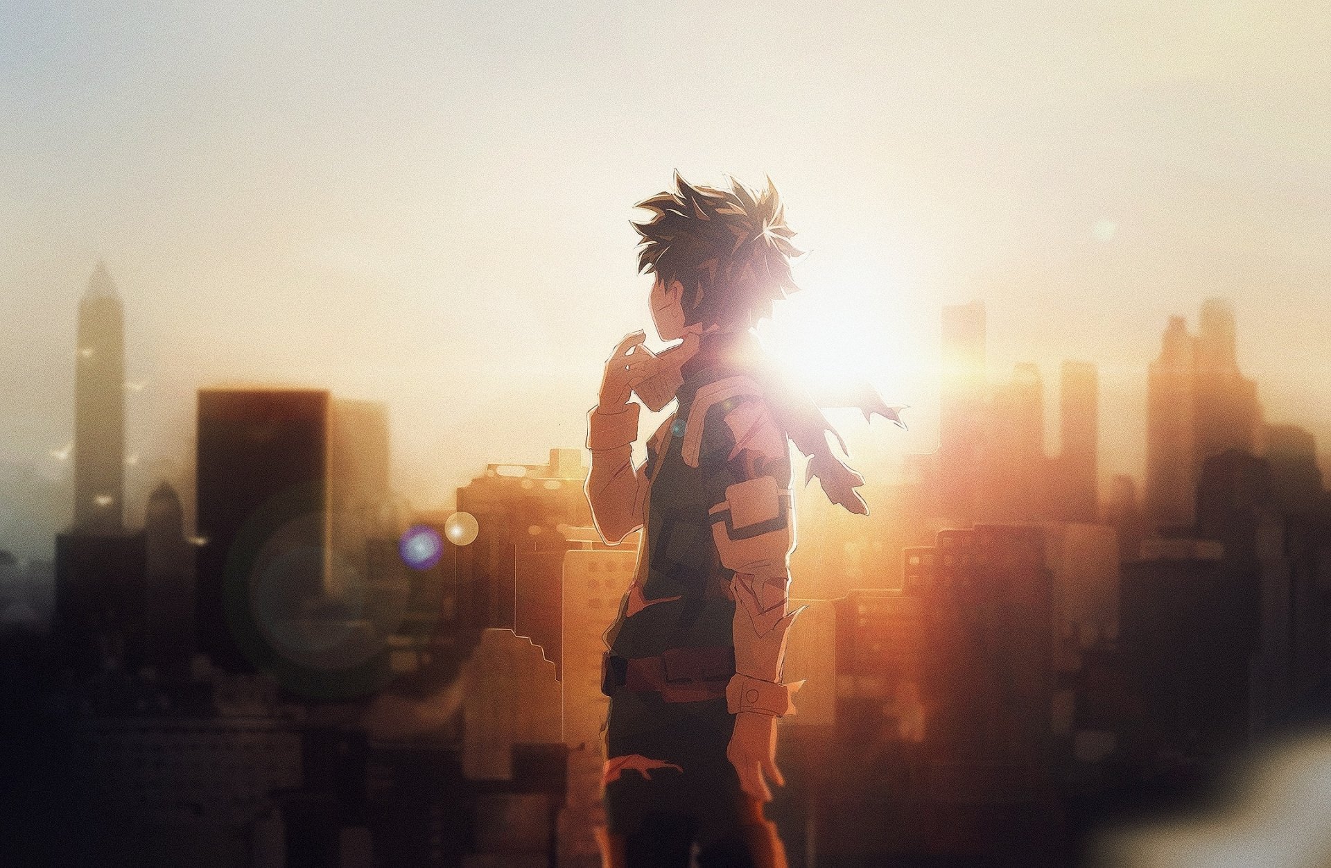 HD wallpaper of Izuku Midoriya from My Hero Academia, overlooking a sunrise in a cityscape.