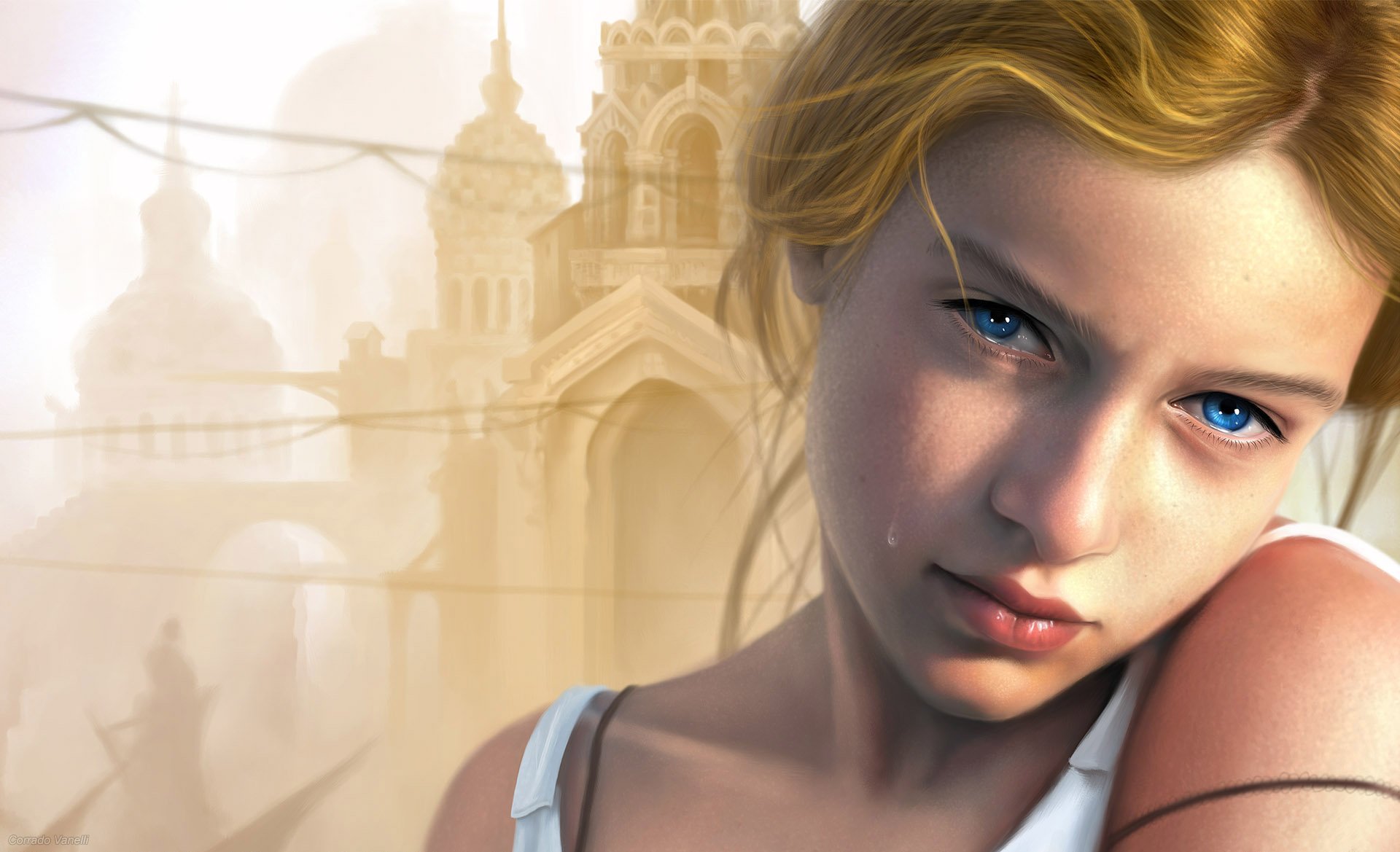 HD fantasy desktop wallpaper featuring a close-up of a woman with striking blue eyes against a detailed, ethereal architectural background.