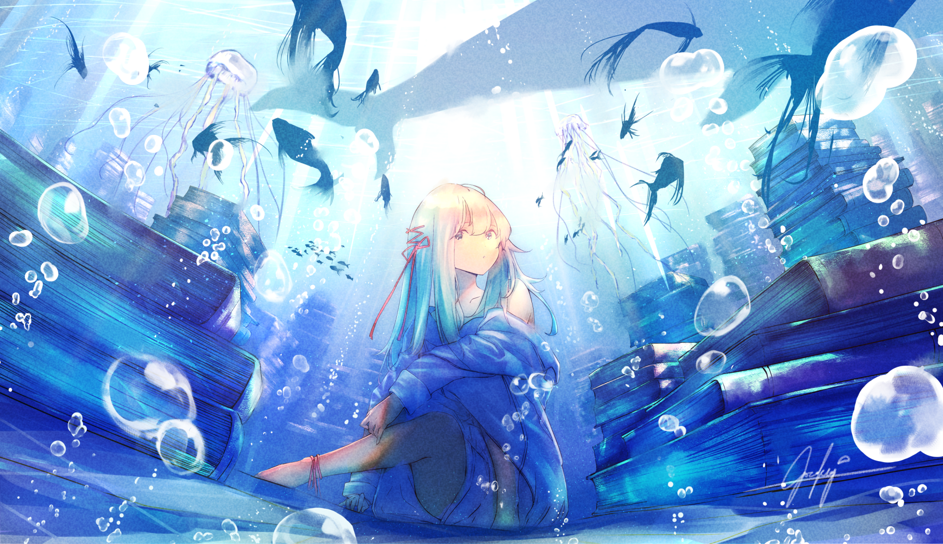 Underwater Anime Girl with Books - HD Wallpaper by ごろく