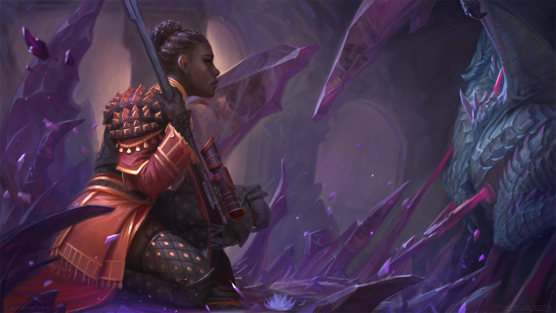 A fierce woman warrior hunter with a rifle crouches in a mystical, crystalline cavern facing a large, menacing creature in this HD fantasy desktop wallpaper.