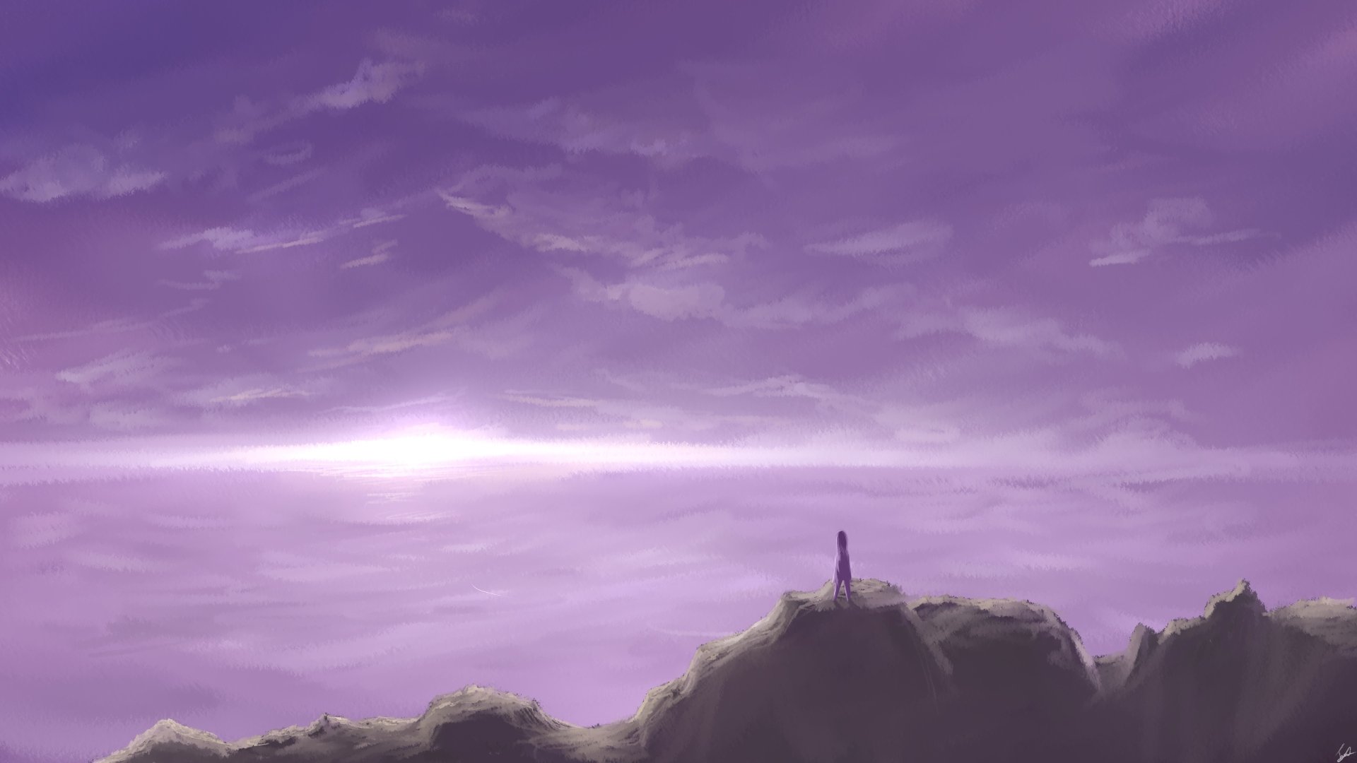 Anime-style 4K Ultra HD desktop wallpaper featuring a serene purple sky with clouds above a silhouetted rocky landscape.