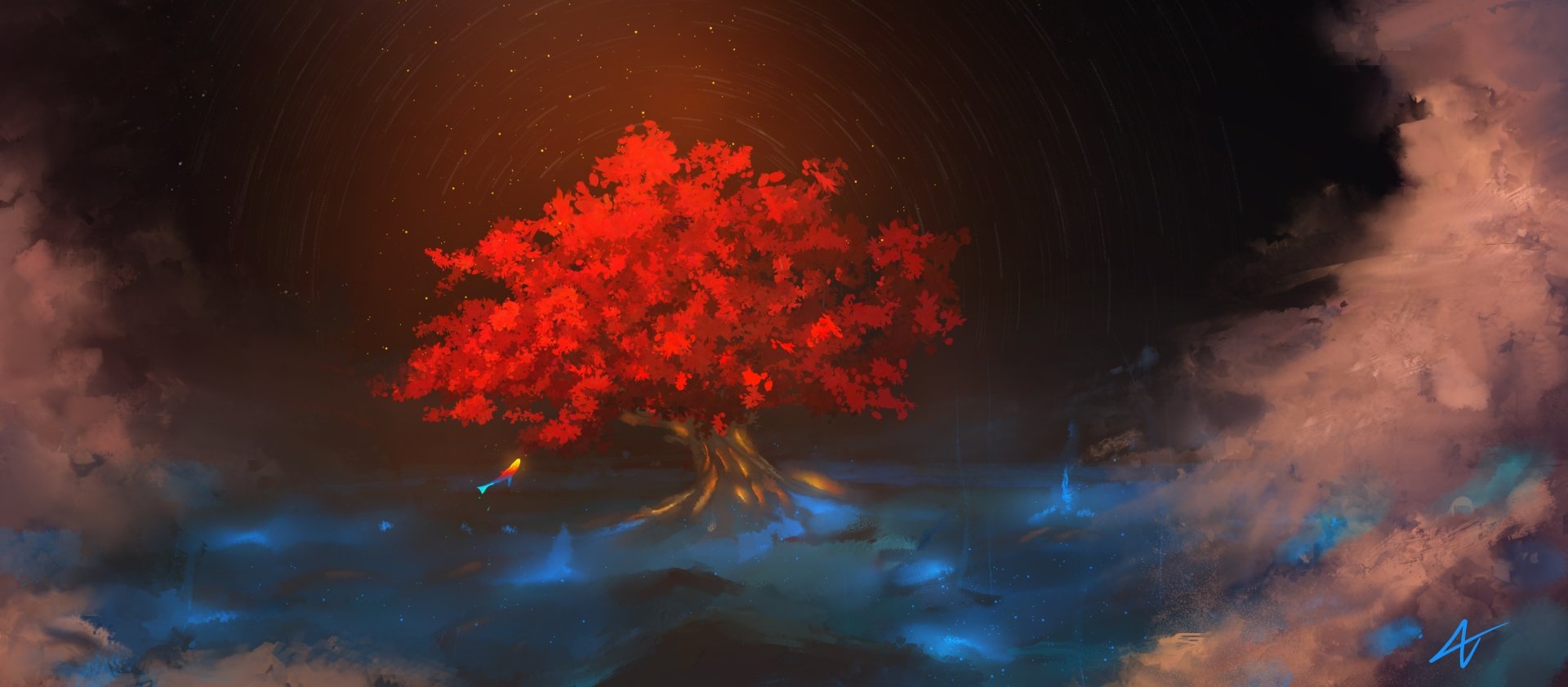 HD anime desktop wallpaper featuring a glowing red tree surrounded by blue mist under a starry night sky.