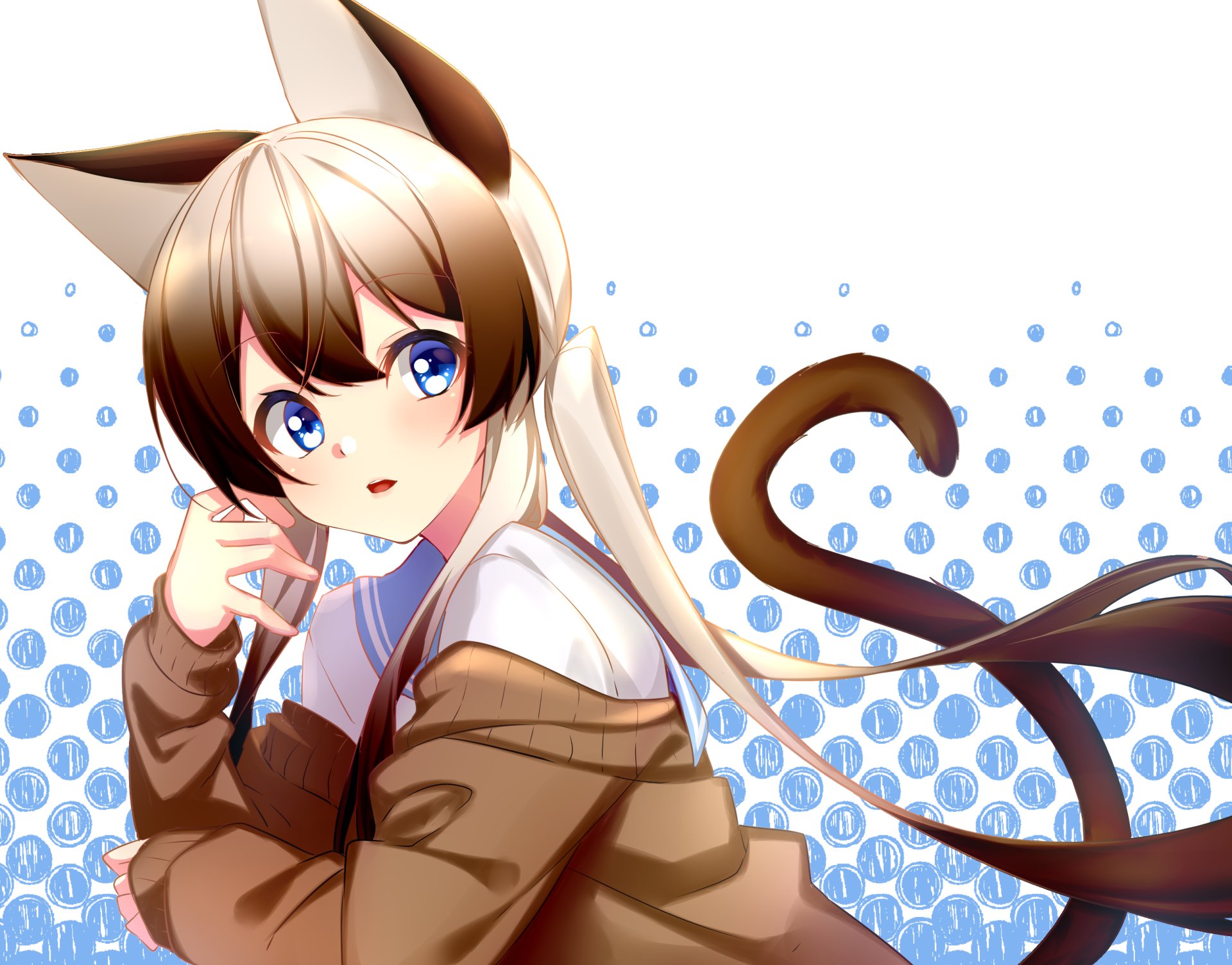 Anime original of a long brown-haired, pointed-eared girl with blue eyes and a swishing tail against a dotted white-and-blue background — 2K Quad HD PC desktop background.