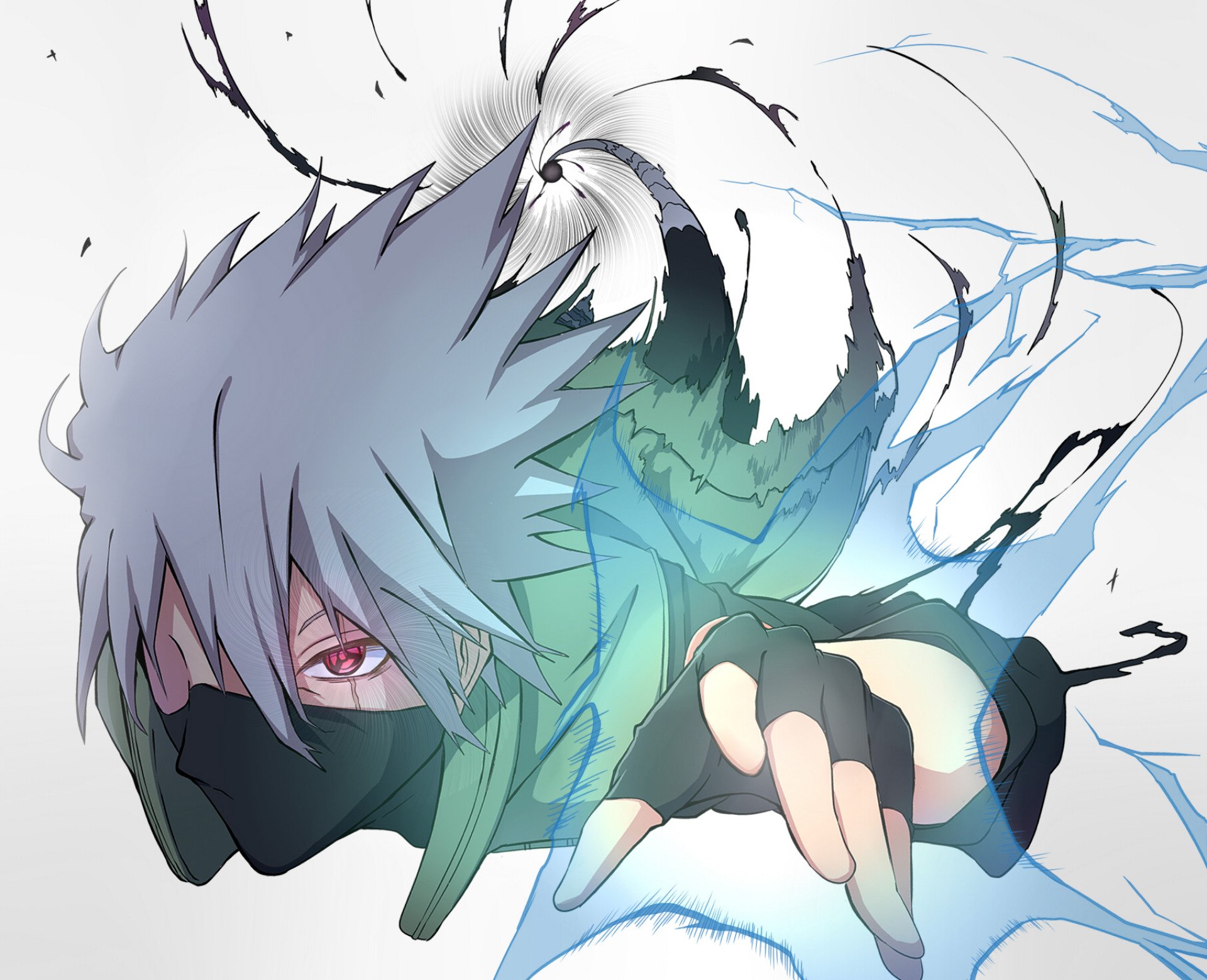 HD anime desktop wallpaper featuring Kakashi Hatake from Naruto, depicted in dynamic action with his Sharingan eye visible and energy swirling around him.