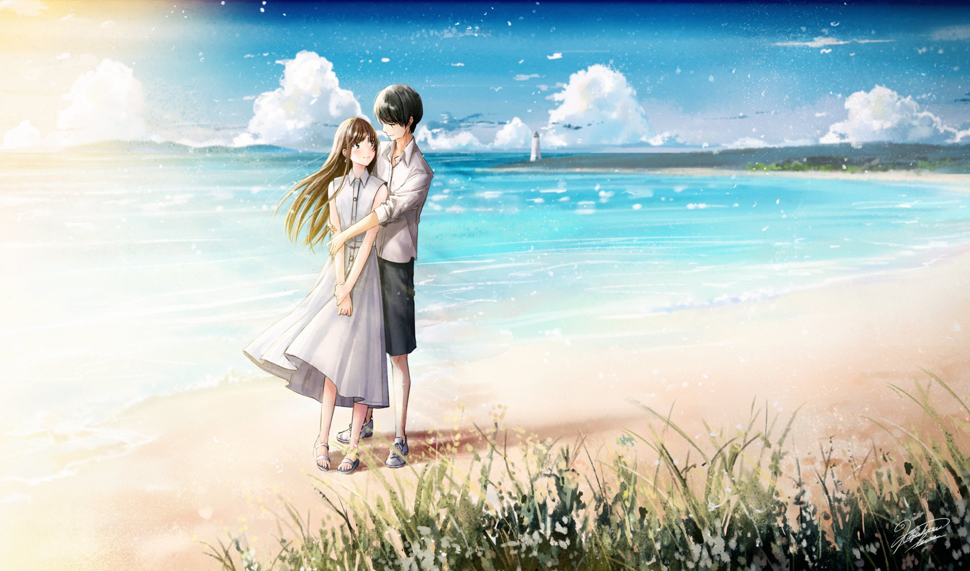Anime couple embracing on a serene beach under a bright sky, captured in an HD desktop wallpaper showcasing love and peaceful seaside beauty.