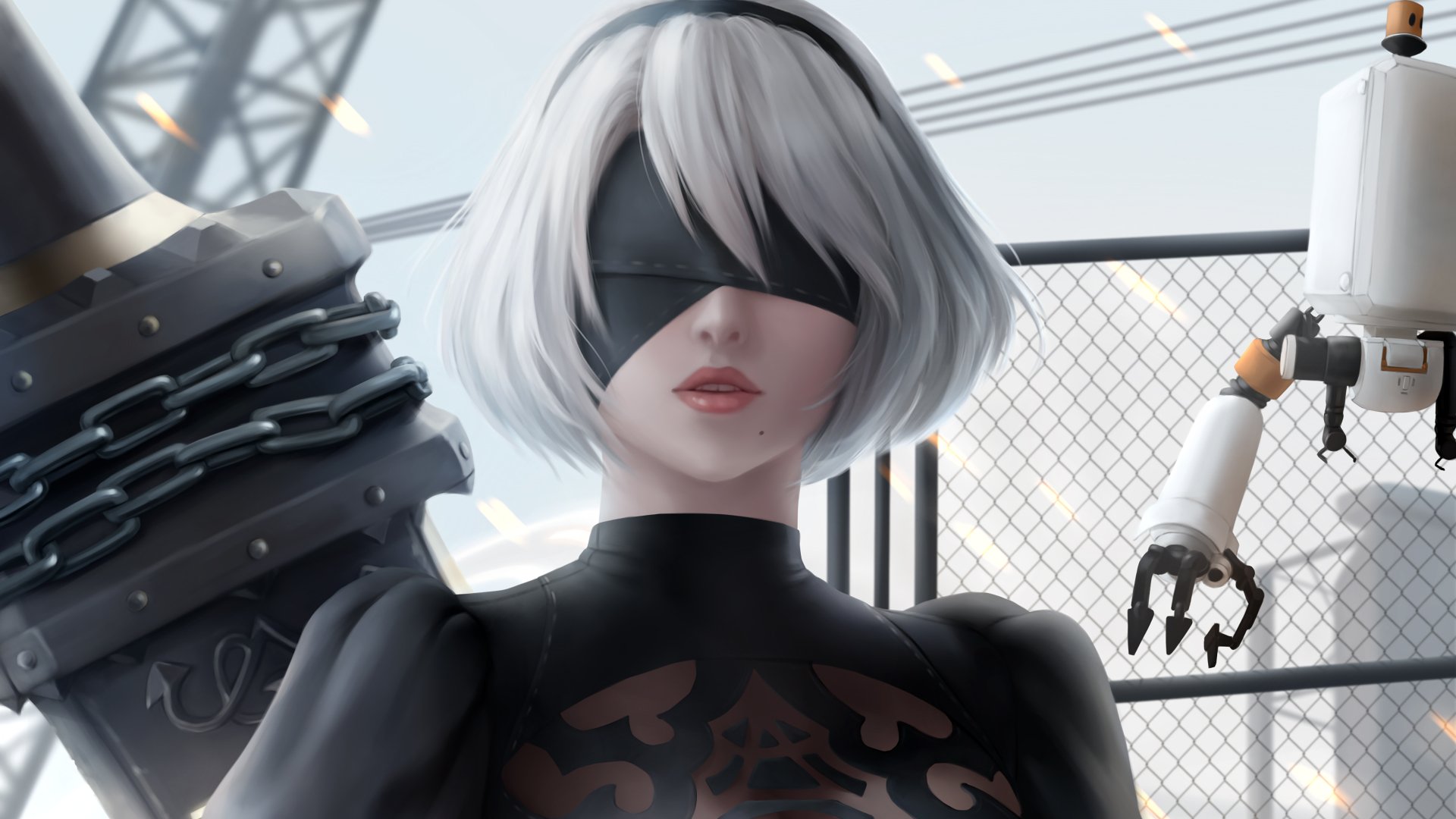 4K Ultra HD desktop wallpaper featuring YoRHa No.2 Type B (2B) from the video game NieR: Automata, showcasing her iconic blindfold and futuristic design.