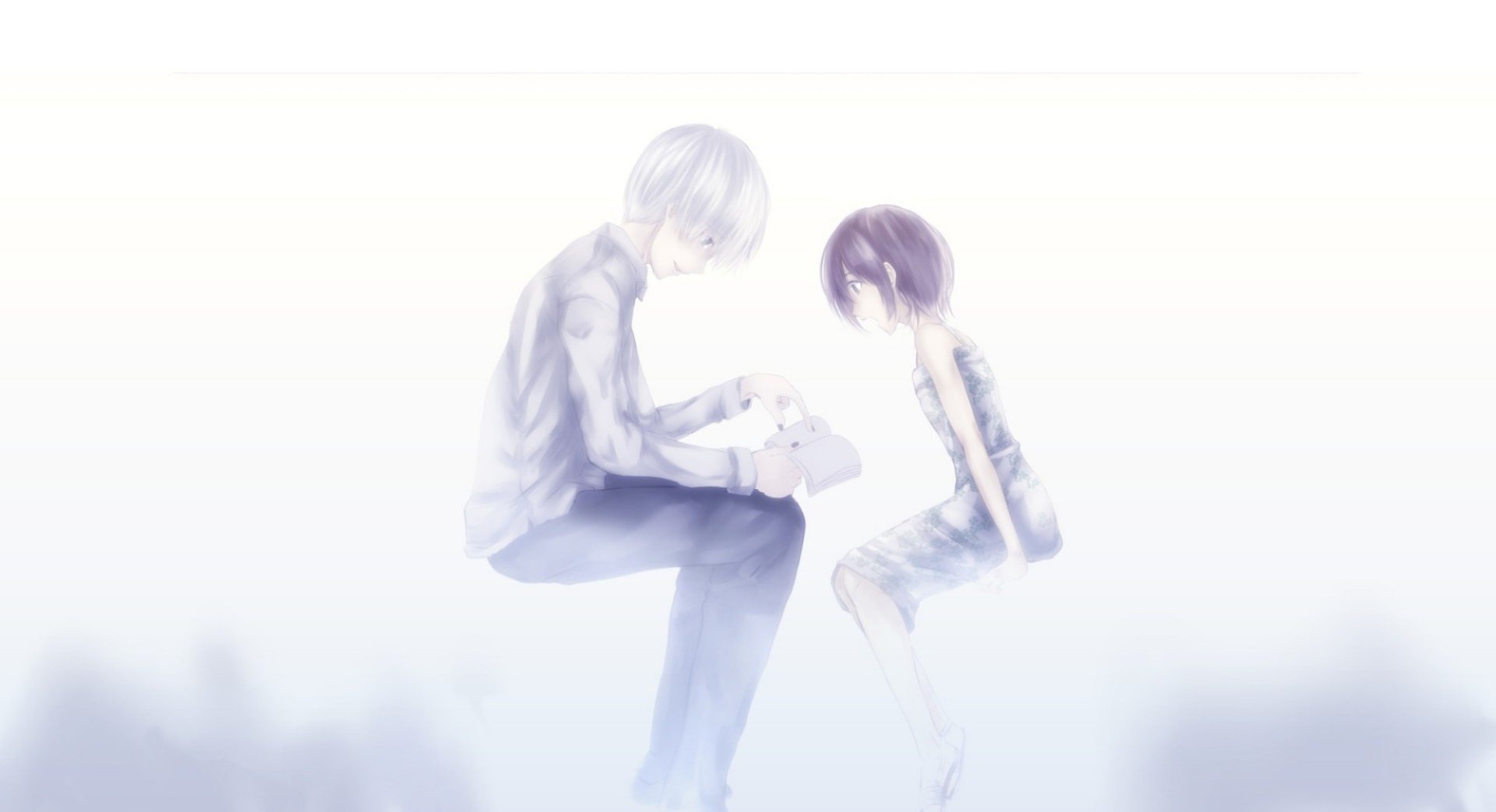 HD PC desktop wallpaper featuring Hinami Fueguchi and Ken Kaneki from the anime Tokyo Ghoul:re with a soft, ethereal lighting effect.