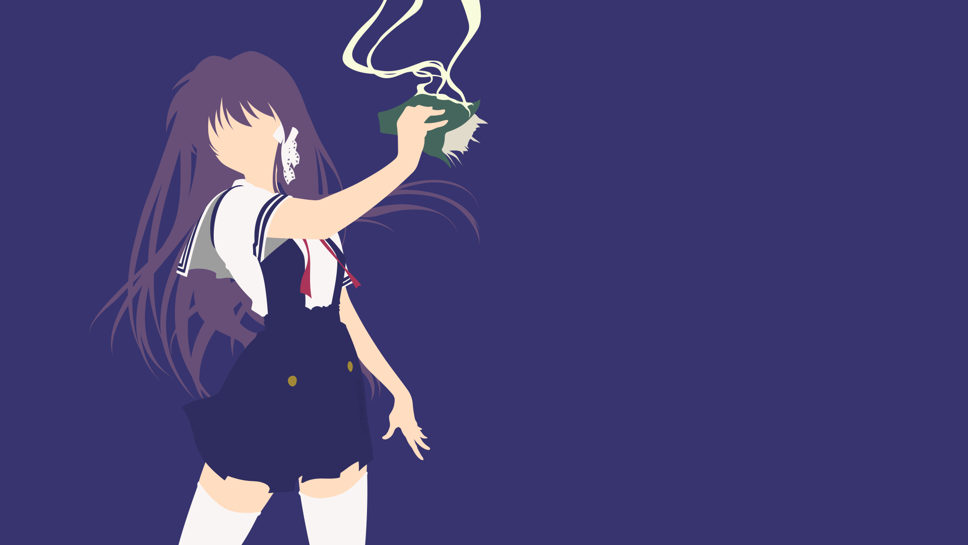 Minimalist 4K Ultra HD anime wallpaper featuring Kyou Fujibayashi from Clannad, with deep purple background and simplified character design.