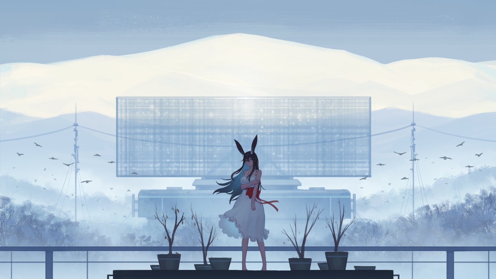 Anime-style original HD desktop wallpaper featuring a girl with rabbit ears standing on a balcony overlooking a misty landscape with hills and sparse trees.