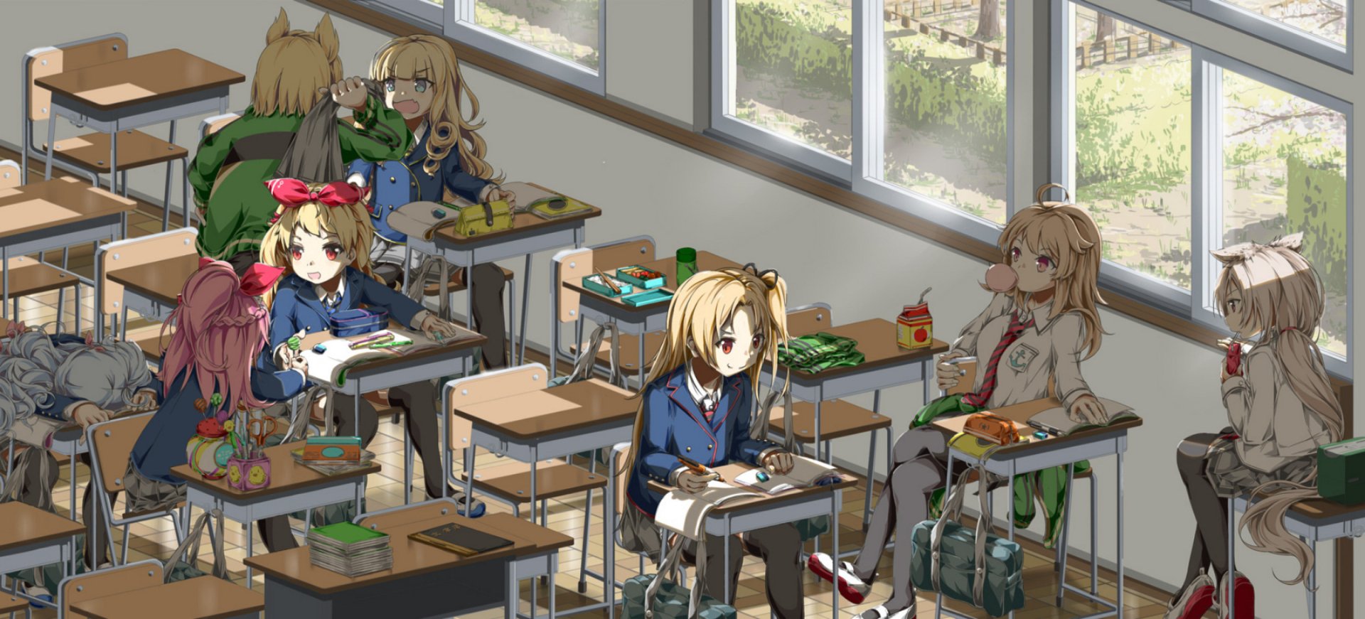 HD PC desktop wallpaper and background of Azur Lane anime characters in a sunlit classroom, students at desks chatting, reading, and snacking, detailed scene with warm lighting.
