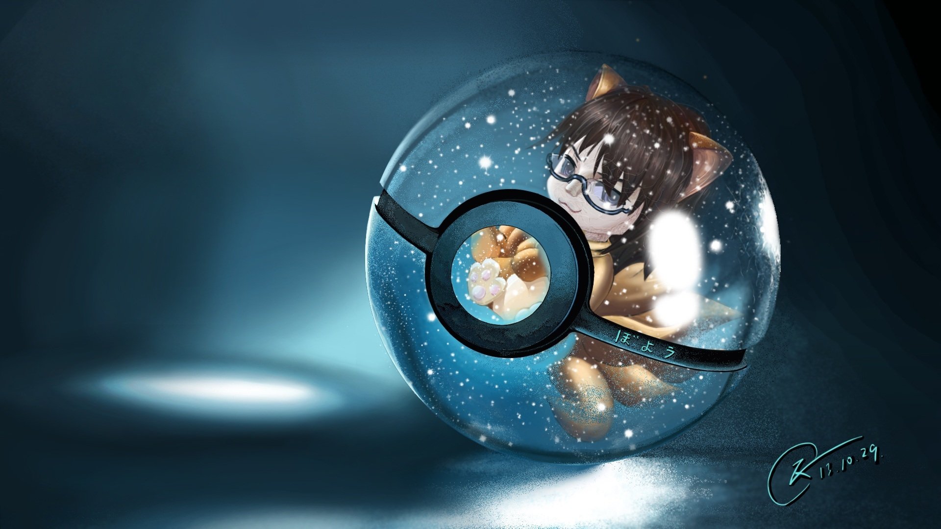 HD anime-style wallpaper featuring a fox-eared character inside a transparent Pokeball, blending Pokemon and crossover themes with a cool, dark background.