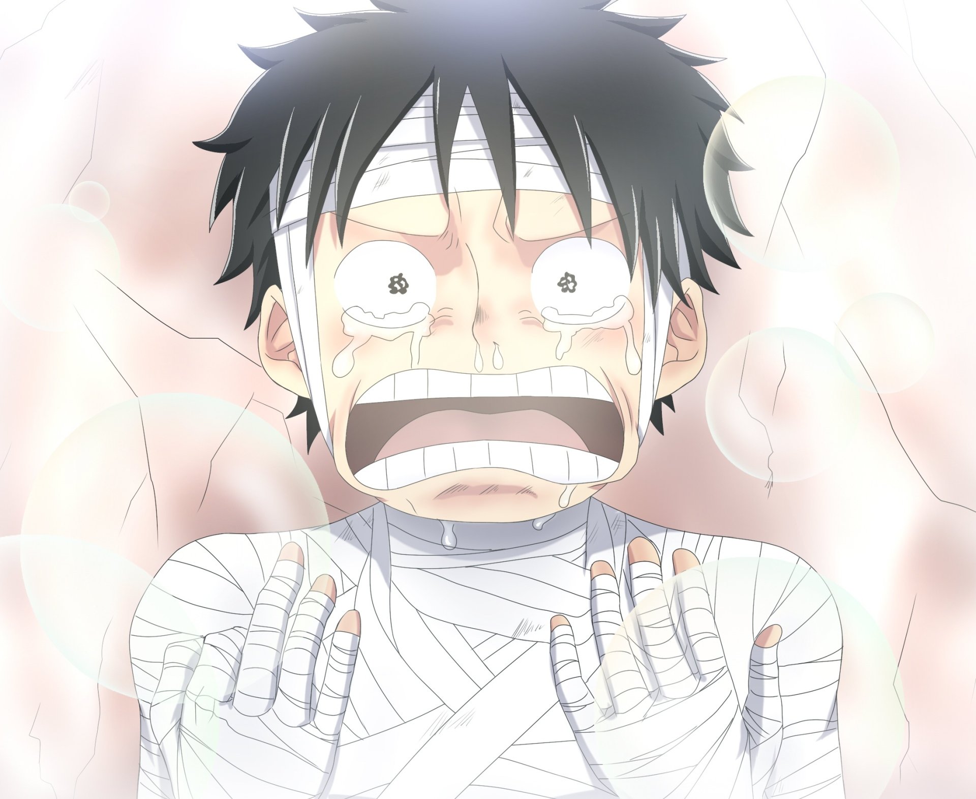 HD anime desktop wallpaper featuring Monkey D. Luffy from One Piece, depicted in a dramatic, tearful moment with bandages wrapped around him.