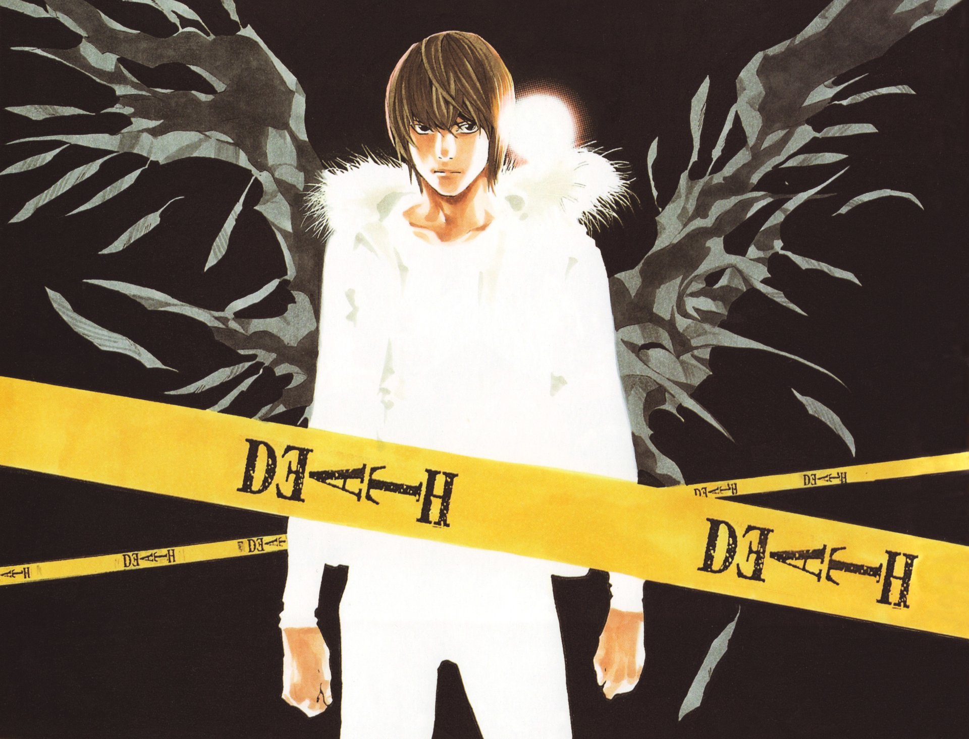 HD PC desktop wallpaper featuring Light Yagami from the anime Death Note, with dark wings and yellow Death tape crossing the image.