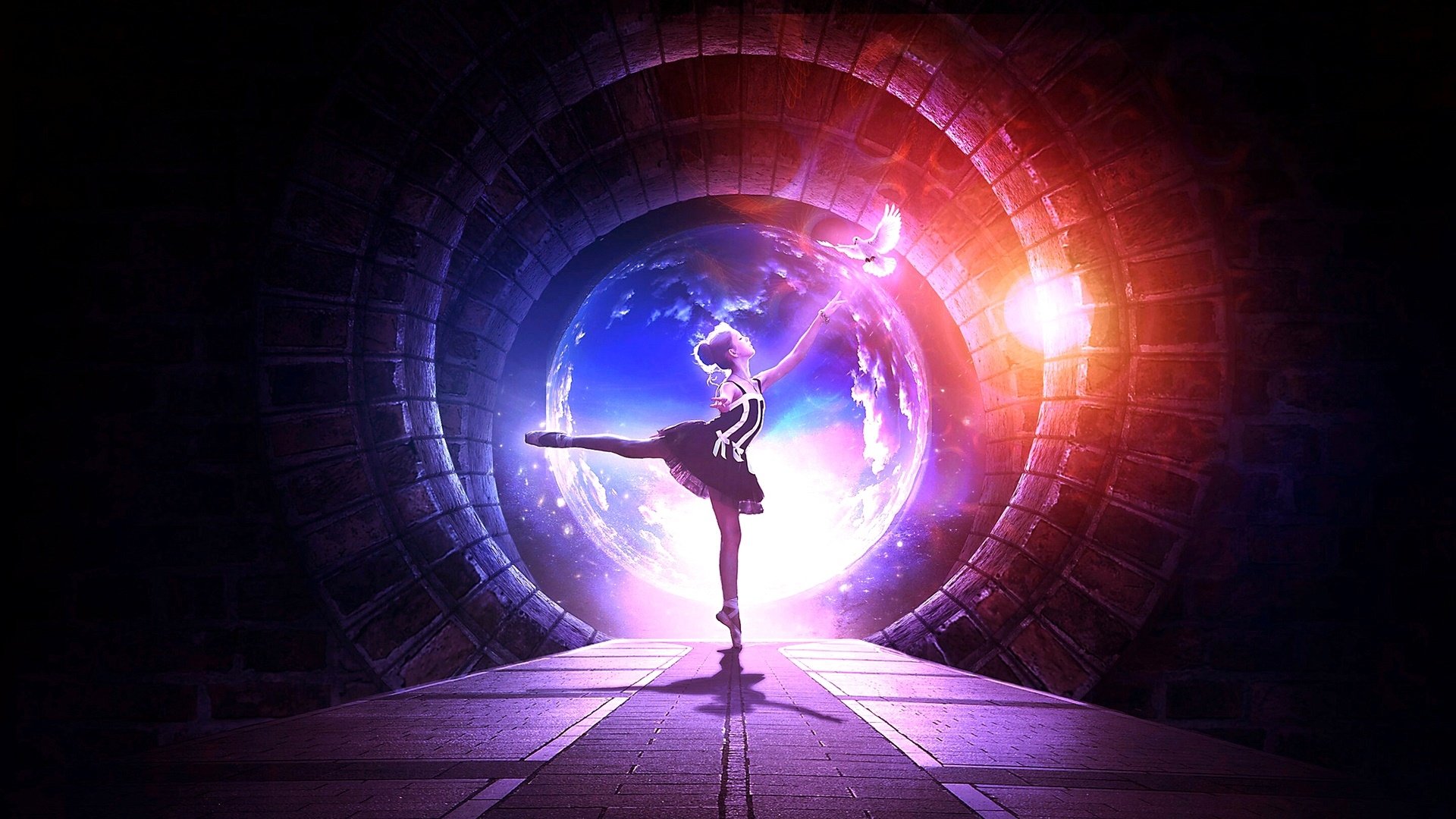 HD PC desktop wallpaper and background: a fantasy scene of a woman ballerina en pointe before a glowing portal-planet, a white dove soaring amid purple-red light.
