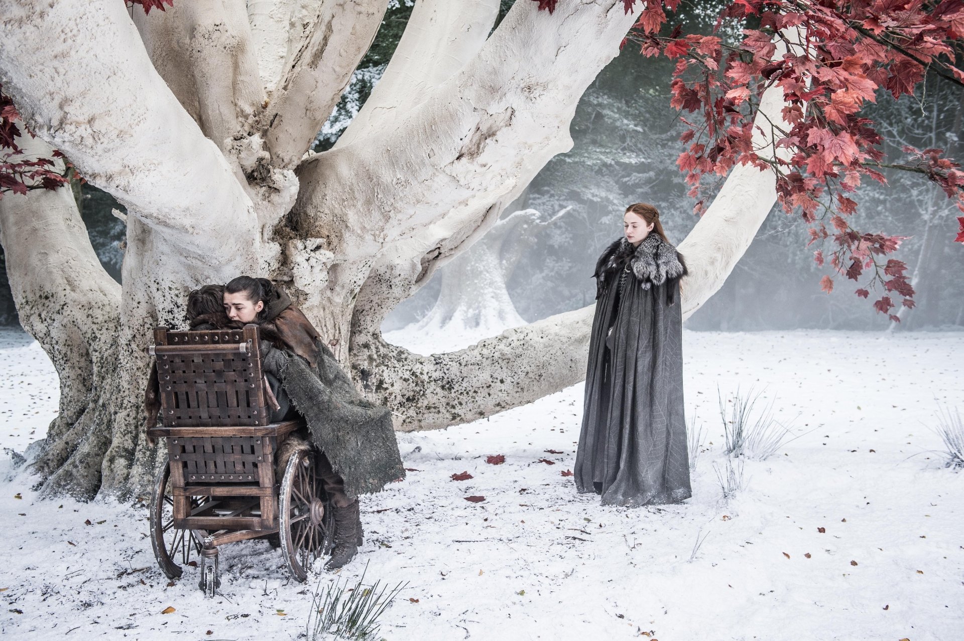 4K Ultra HD Game of Thrones desktop wallpaper: Arya, Bran and Sansa Stark beneath a white weirwood tree in a snowy godswood, Bran in his chair as red leaves fall.