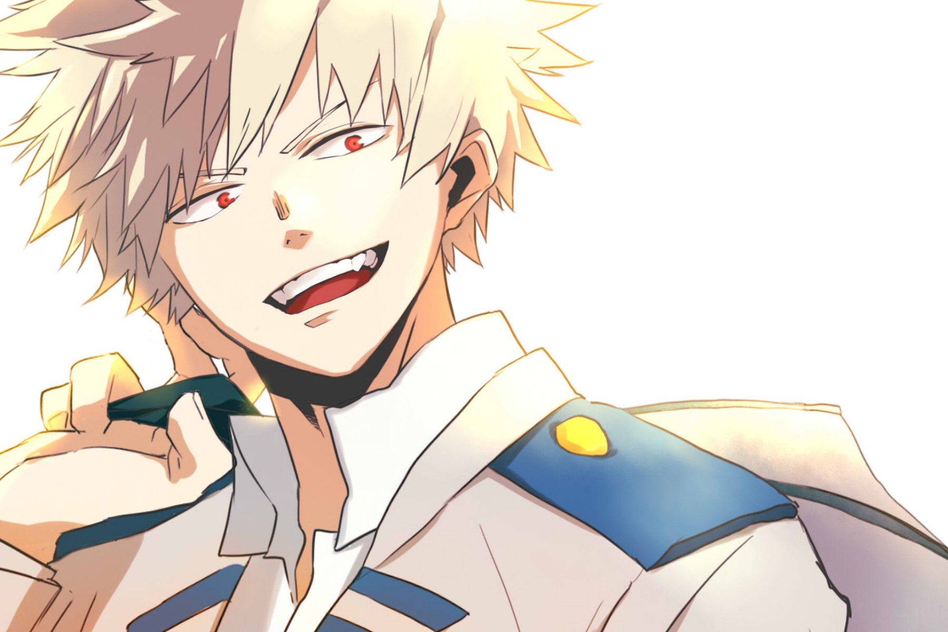 HD PC desktop wallpaper of Katsuki Bakugou from My Hero Academia — close-up anime portrait with spiky blond hair, red eyes, a smirk, and a visible UA hero uniform shoulder.
