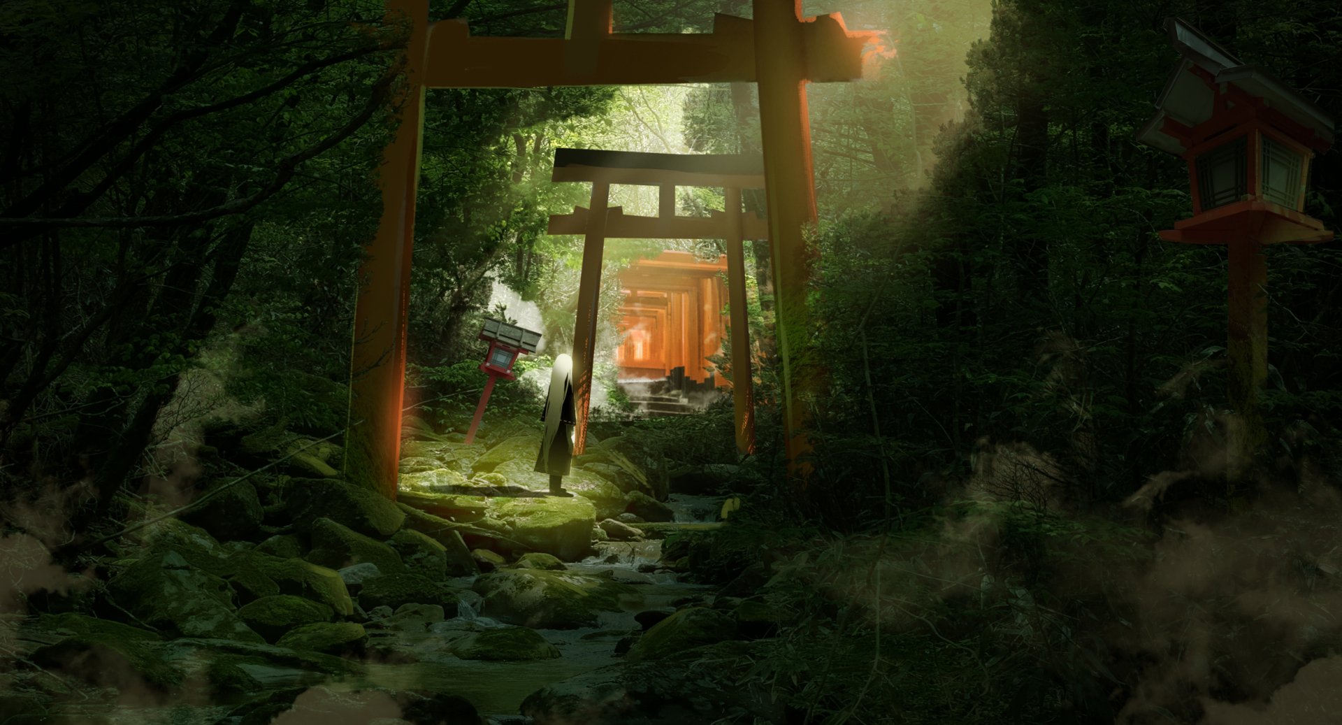 HD anime landscape wallpaper featuring a serene forest shrine with torii gates, enveloped in lush greenery and dappled sunlight, creating a tranquil and mystical atmosphere.