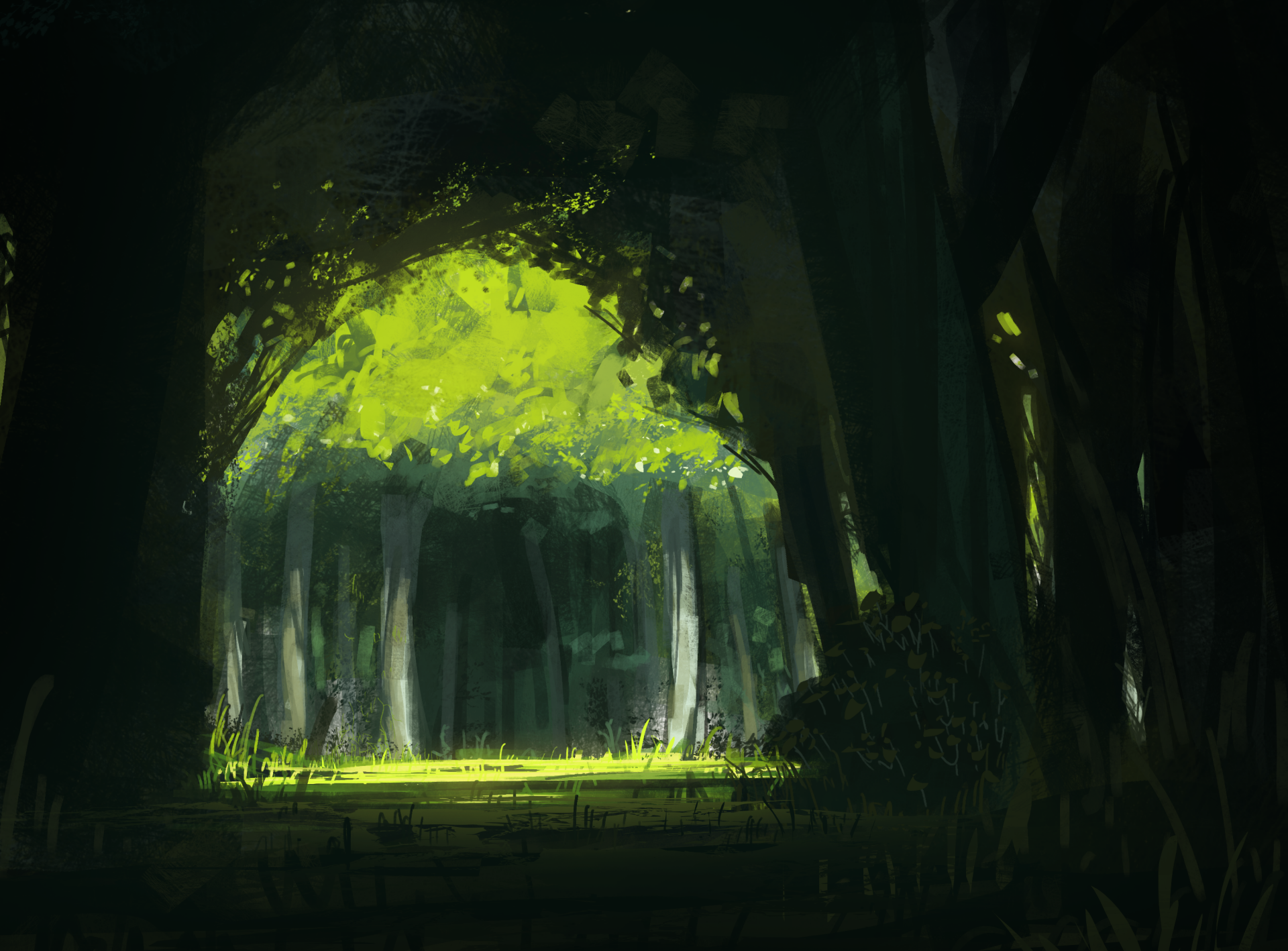 HD anime landscape wallpaper depicting a serene forest with glowing green foliage and soft sunlight filtering through the trees, creating a calm and magical ambiance.